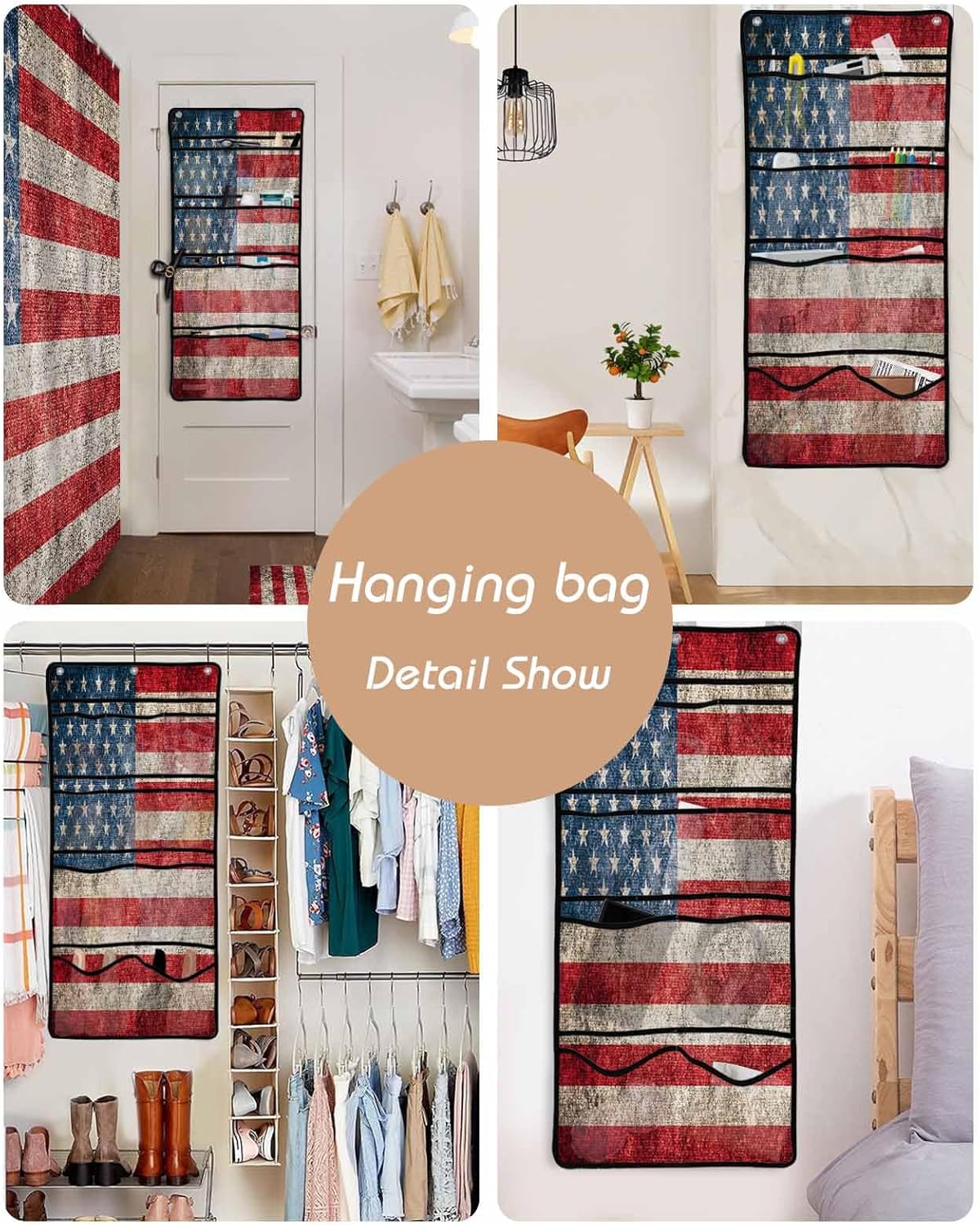 ZFUNCING Vintage Flag Shower Curtain Set with Mesh Organizer and Hooks
