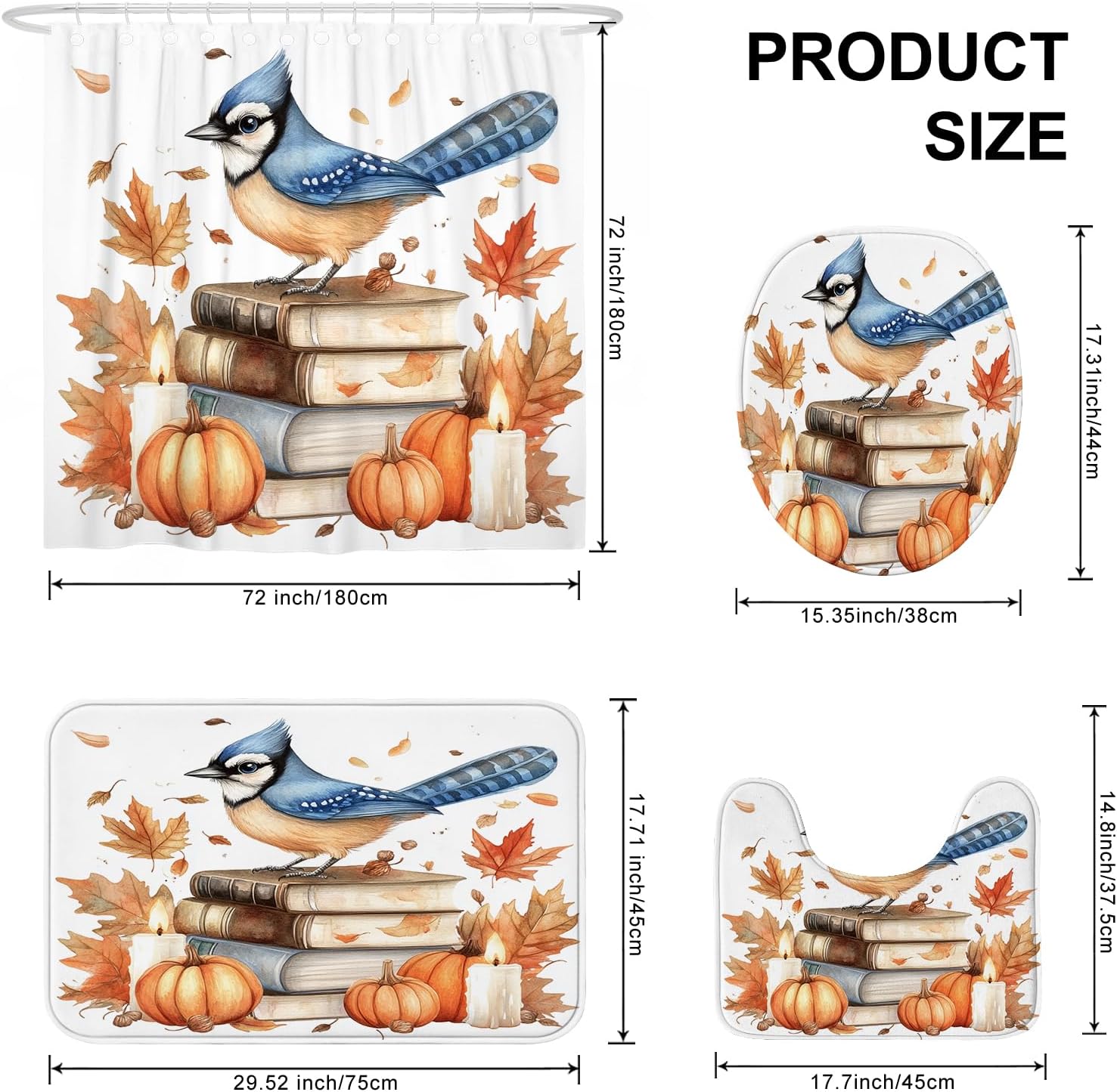 DESIHOM 4PCS Fall Blue Jay Bird Shower Curtain Set with Non-Slip Rug and Hooks