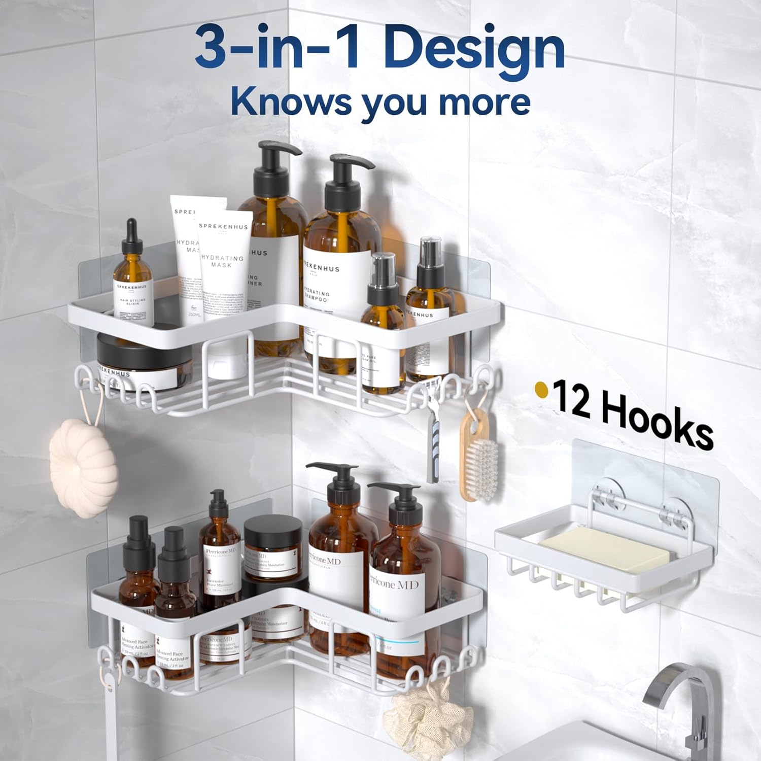 Yasonic Corner Shower Caddy with 12 Hooks and Soap Holder Rustproof Stainless Steel 3-Pack