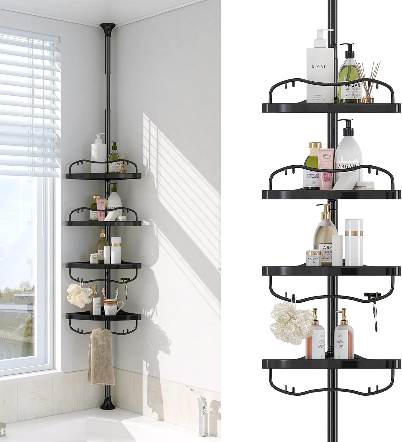 Corner Shower Caddy Tension Pole - 4 Shelves Heavy Duty Floor to Ceiling Organizer Black