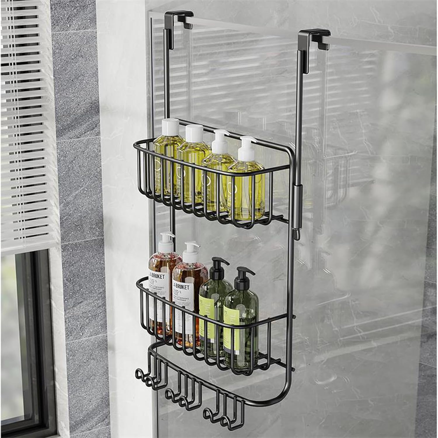 2-Tier Over Door Shower Caddy with 6 Hooks Rustproof Metal Storage for Toiletries No Drill Mount Black