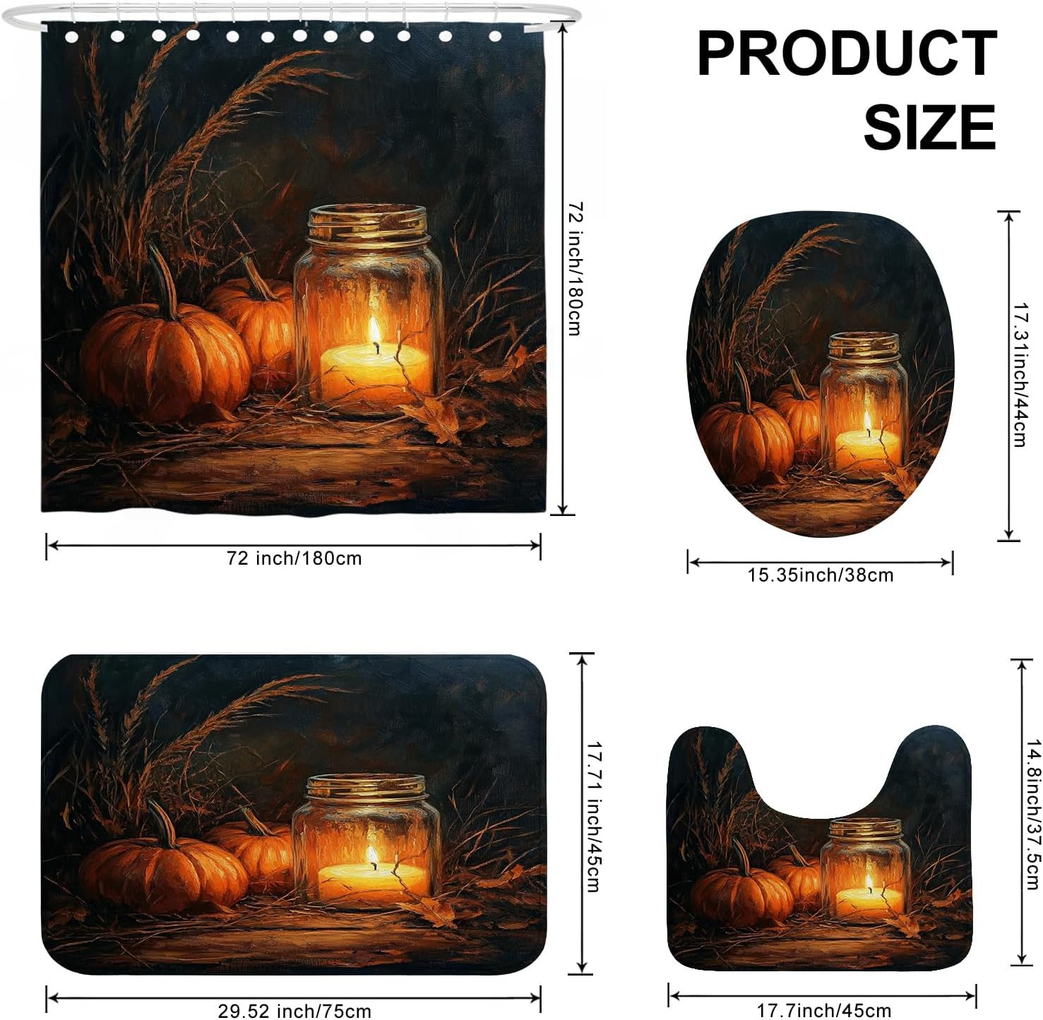 DESIHOM 4PCS Fall Candle Shower Curtain Set with Non-Slip Rug and Toilet Lid Cover Mat