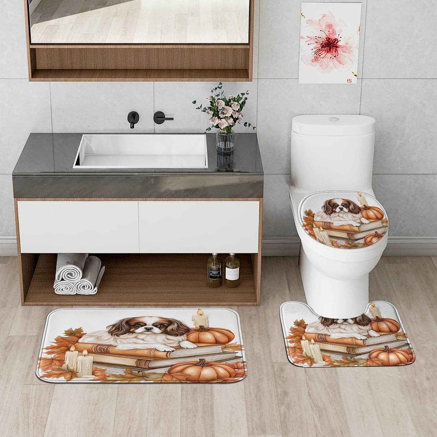 DESIHOM 4PCS Fall Japanese Chin Dog Shower Curtain Set 72x72 with Hooks and Bath Mat