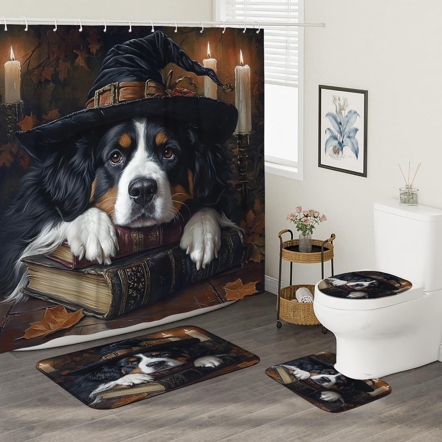 4PCS Halloween Witch Bathroom Set with Non-Slip Rug and U Shape Toilet Lid Cover