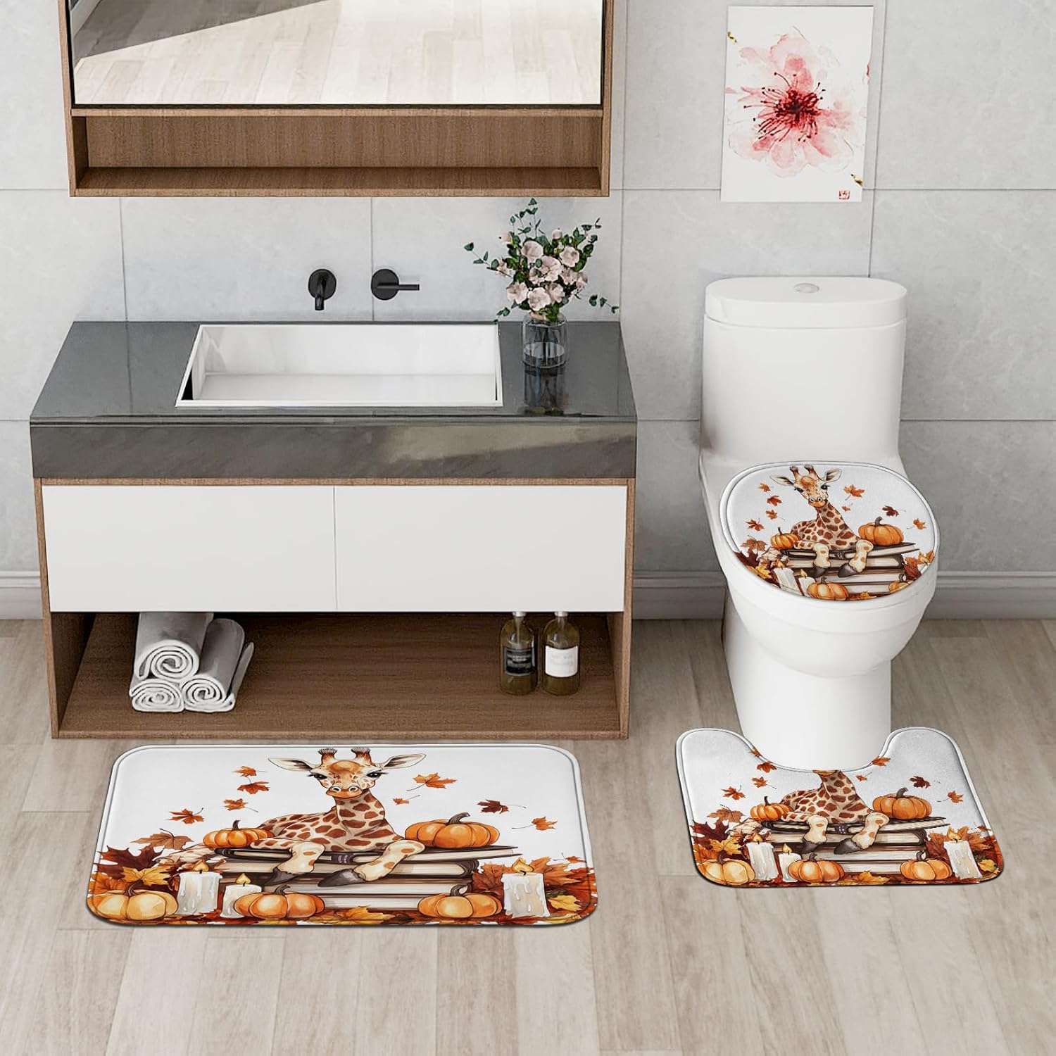 DESIHOM 4PCS Fall Giraffe Pumpkins Shower Curtain Set with Hooks and Non-Slip Rug