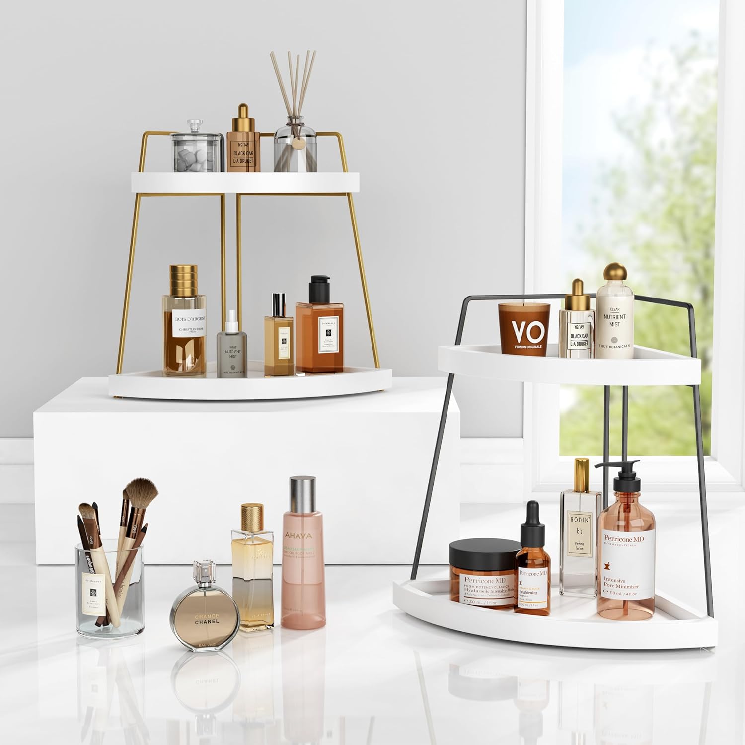 Forbena 2 Tier Corner Bathroom Organizer Shelf Stand - White and Grey