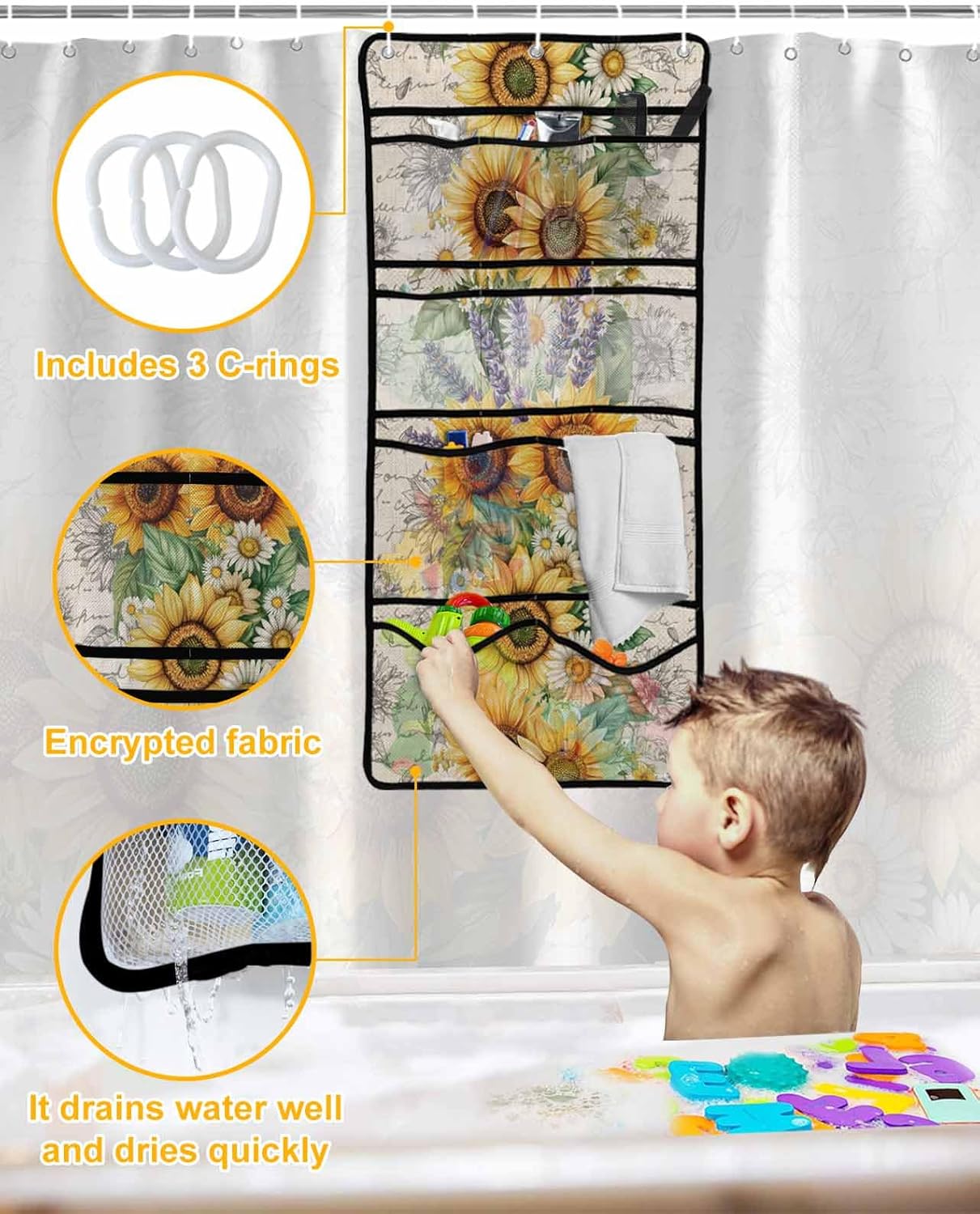 Watercolor Sunflower Lavender Shower Curtain Set with 10 Pockets