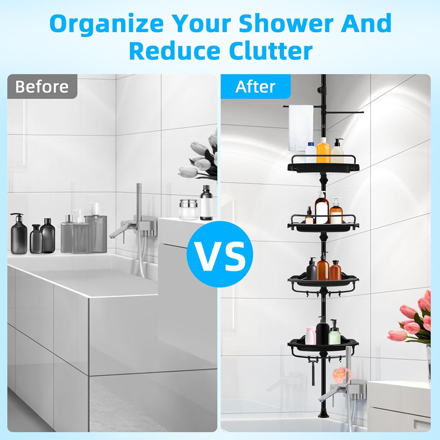 XLHOMO 32-122 Inch Corner Shower Caddy with 4 Tier Shelves 1