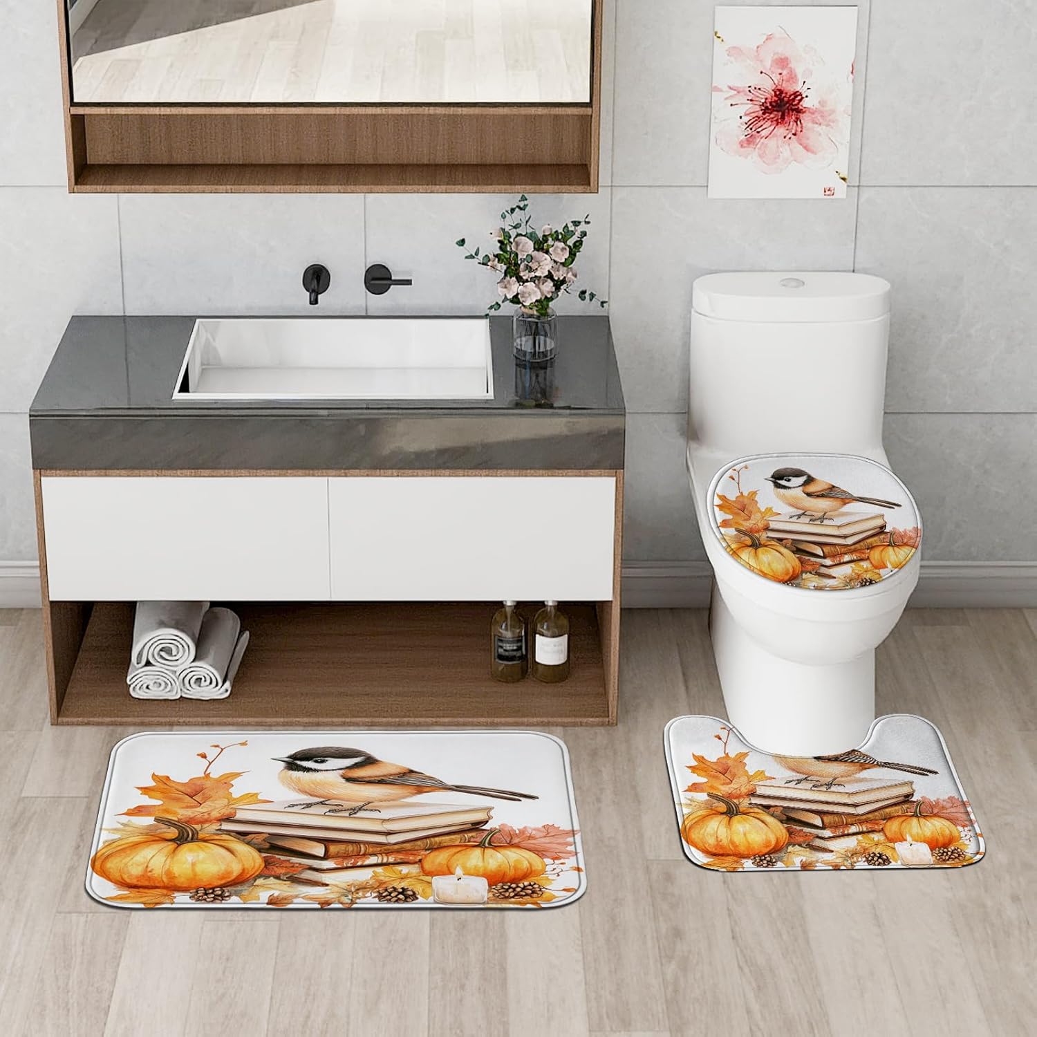 DESIHOM 4PCS Fall Chickadees Bird Shower Curtain Set with Non-Slip Rug and Hooks