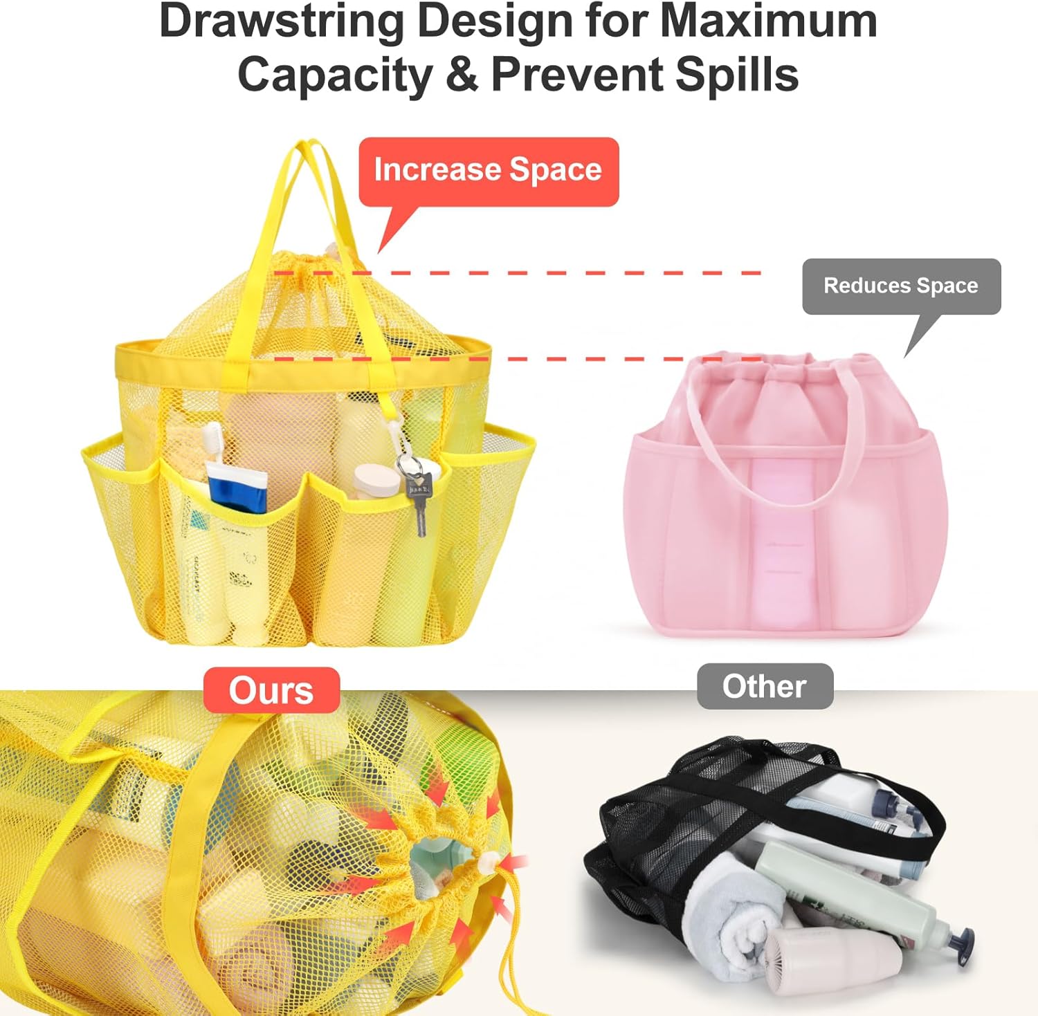 F-color Mesh Shower Caddy with Drawstring and 7 Pockets