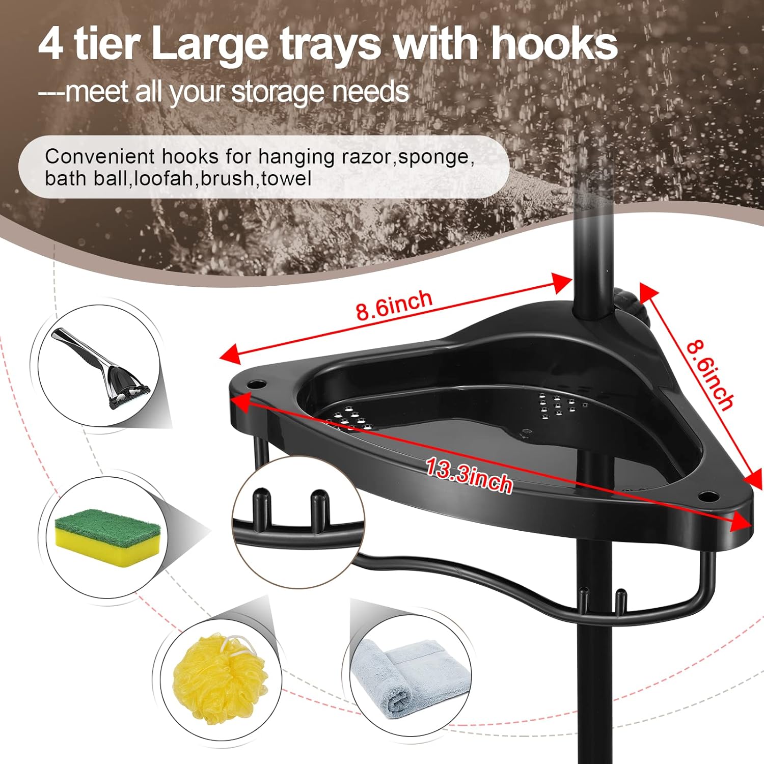 Corner Shower Caddy Tension Pole - 4 Shelves Heavy Duty Floor to Ceiling Organizer Black