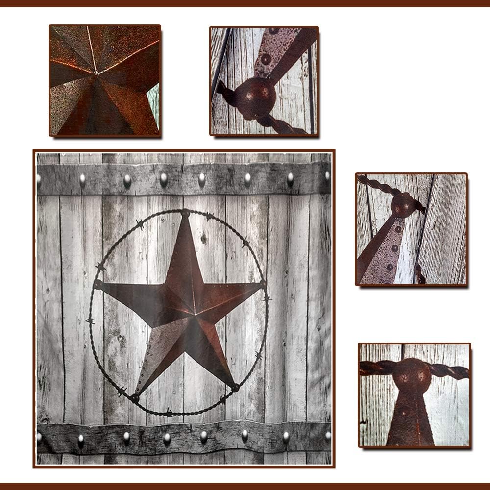 JAWO Rustic Barn Door Shower Curtain Set Southwestern Gray Wood Western Star Bathroom Decor