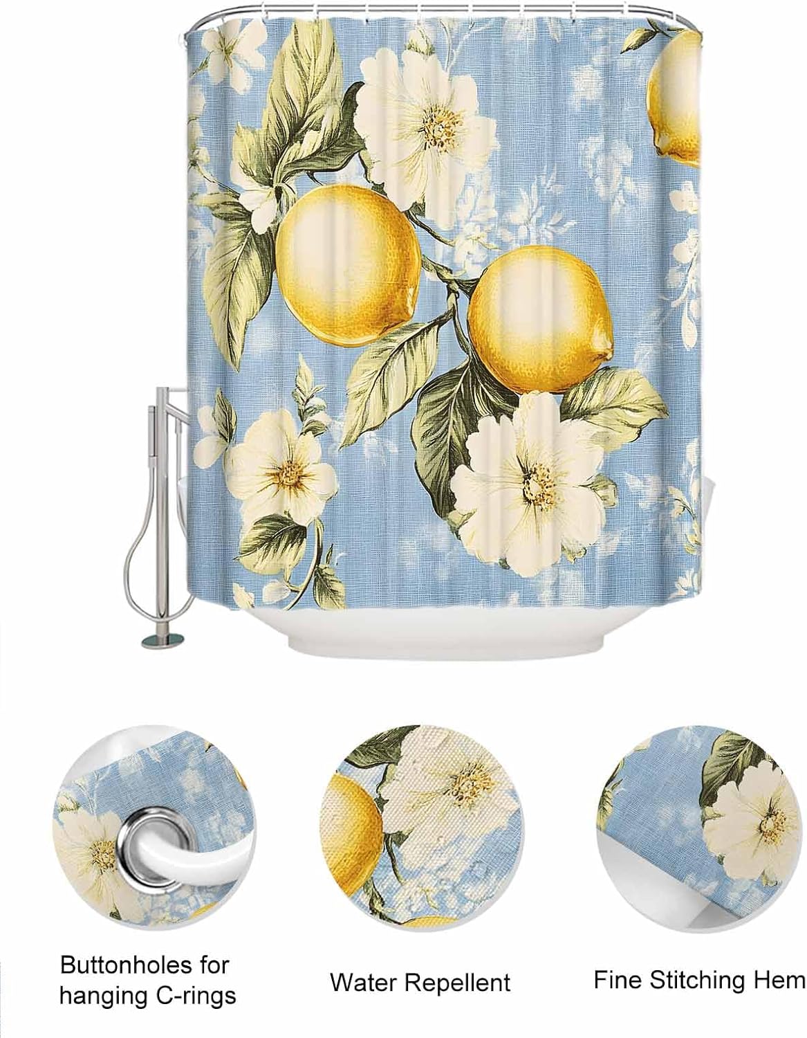Watercolor Lemon Flower Leaf Shower Curtain Set with 10 Pockets