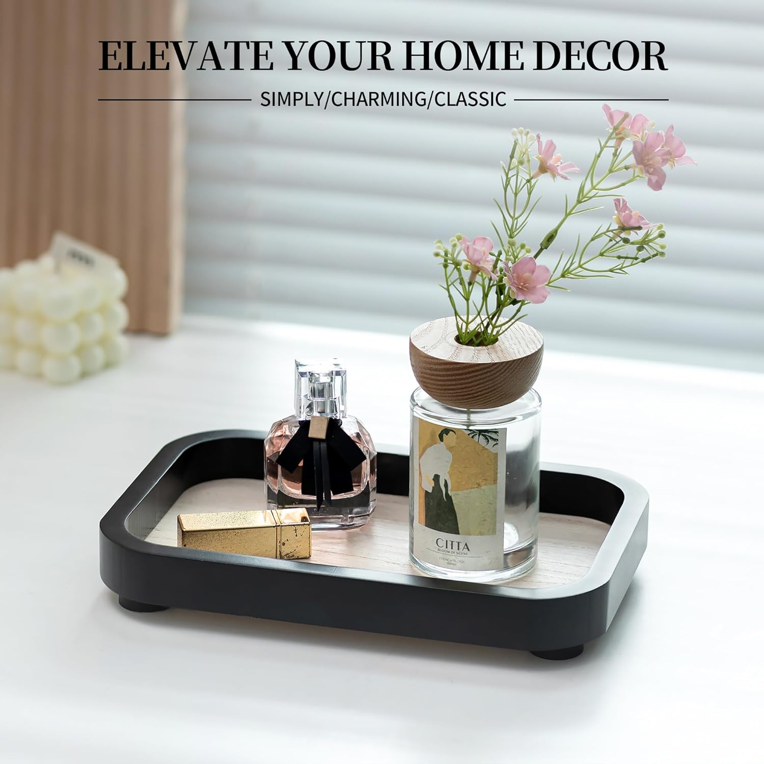 Hanobe Bathroom Vanity Perfume Tray - Black Rectangular Wood Stand Riser for Home Decor