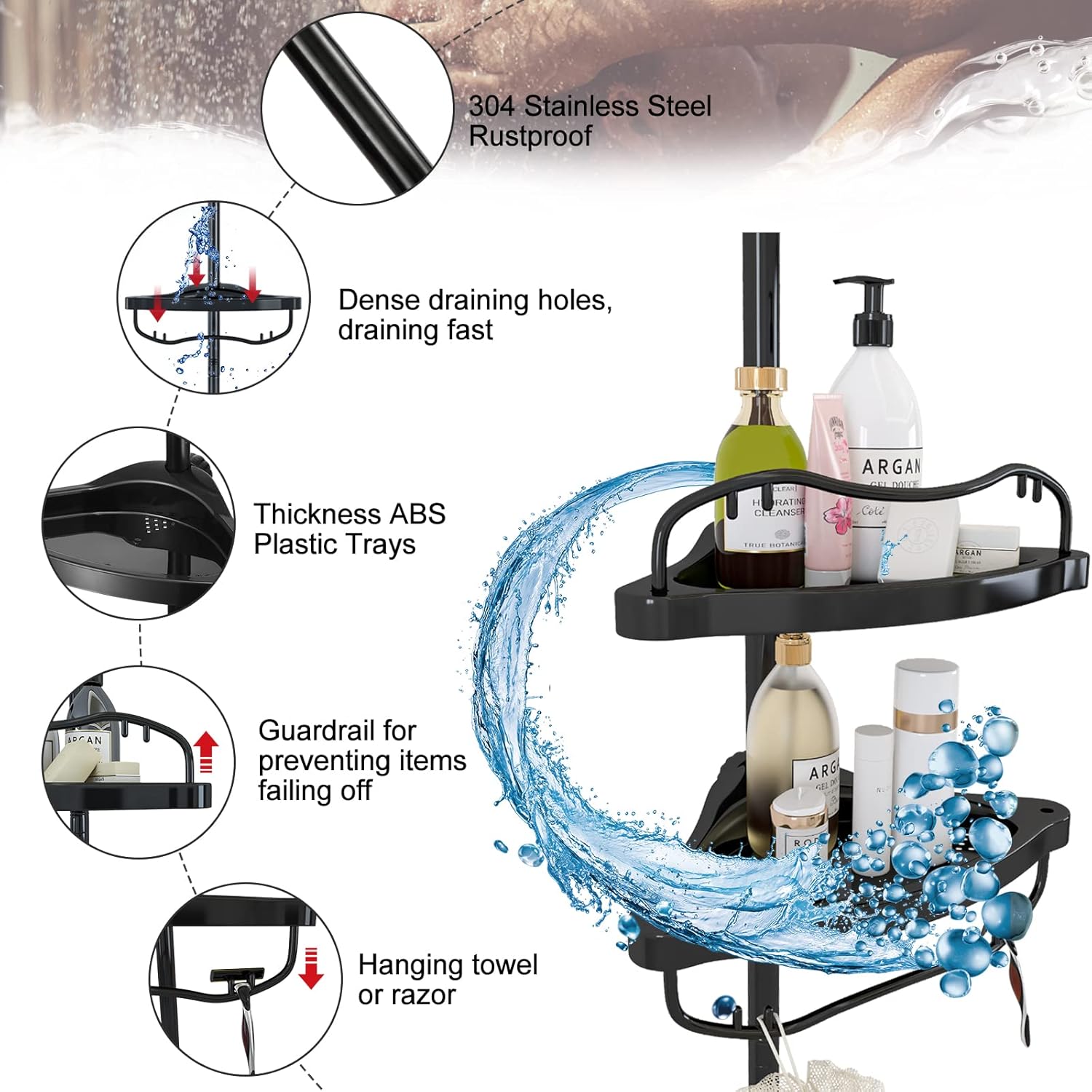 Corner Shower Caddy Tension Pole - 4 Shelves Heavy Duty Floor to Ceiling Organizer Black