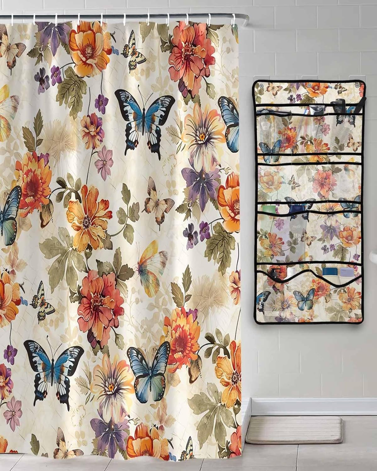 Colorful Floral Leaf Shower Curtain Set with 10 Pockets