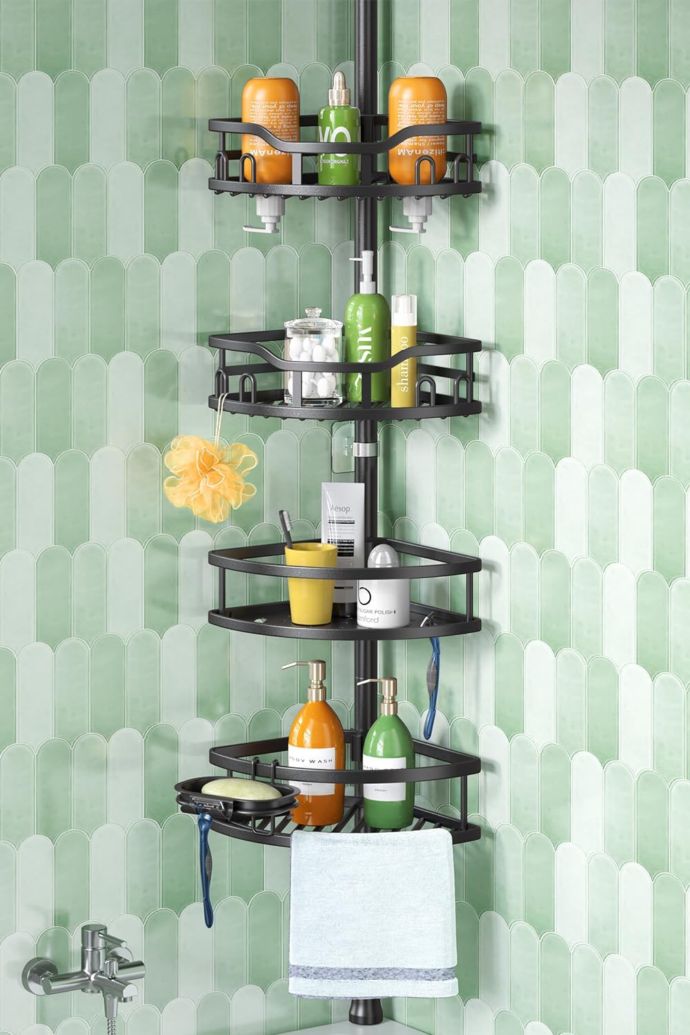 HAMITOR Corner Shower Caddy Tension Pole - 4 Tier Bathroom Organizer Shelves Black