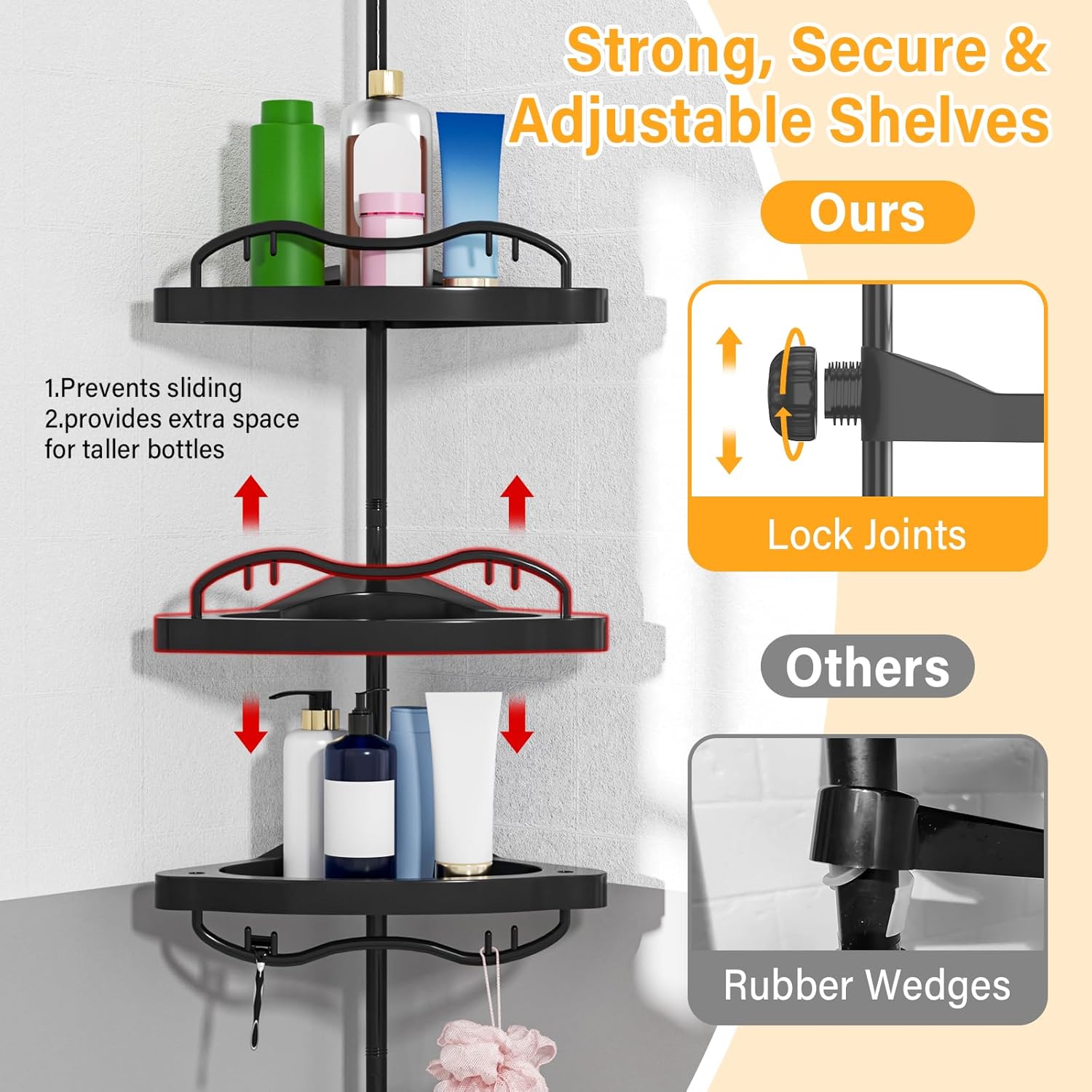 Black Corner Shower Caddy Tension Pole - Heavy Duty Rustproof Stainless Steel Organizer with 4 Adjustable Shelves