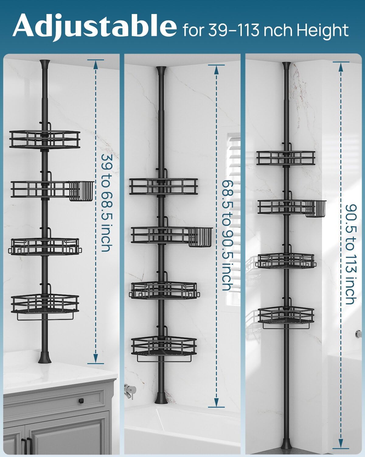 SEIRIONE Corner Shower Caddy Tension Pole with 4-Tier Adjustable Shelf Drill Free Rust-Proof Black