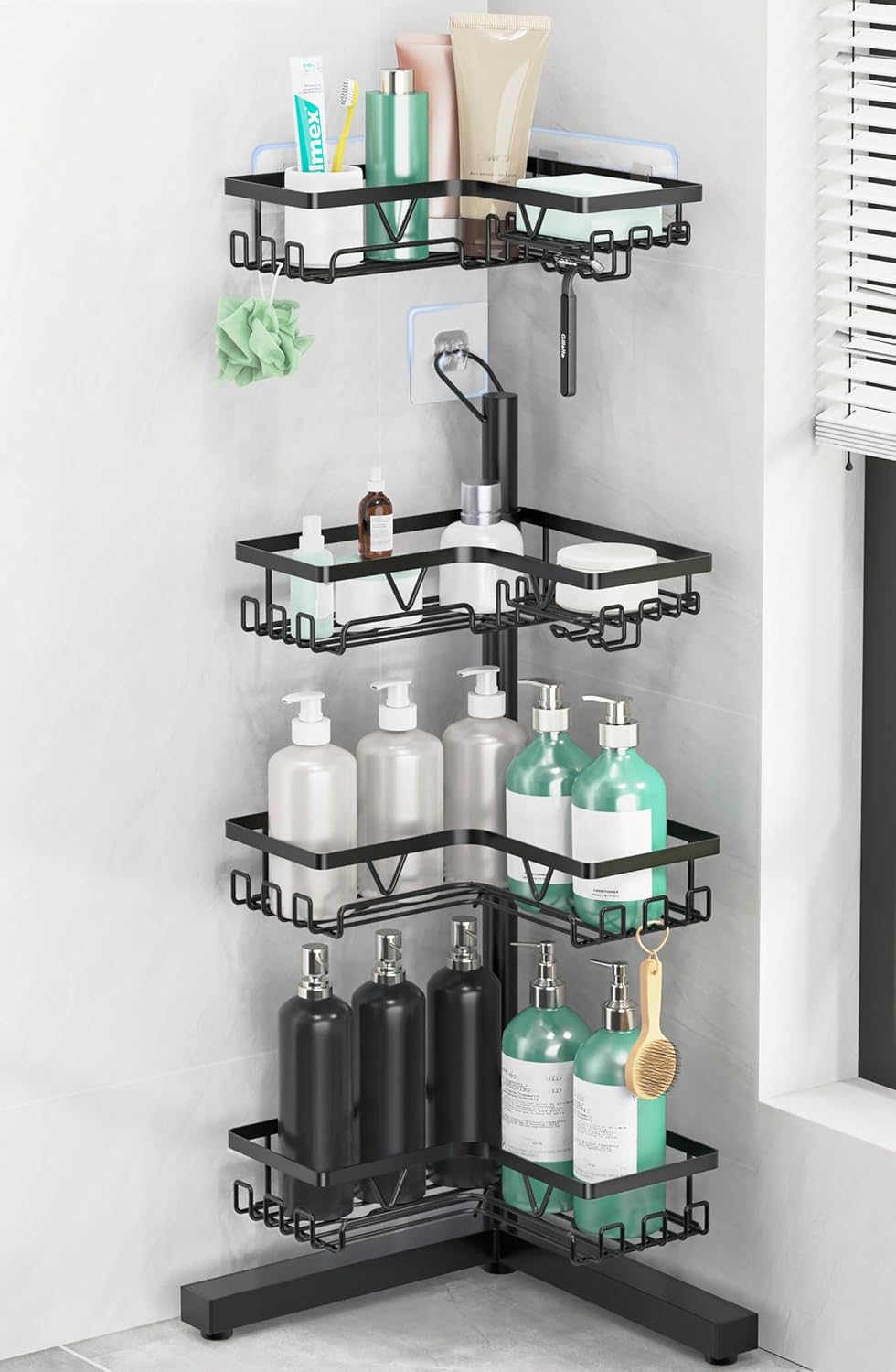 KEGII 4-Tier Floor and Wall Mount Shower Caddy with Hooks and Soap Holder Rustproof Corner Organizer Black