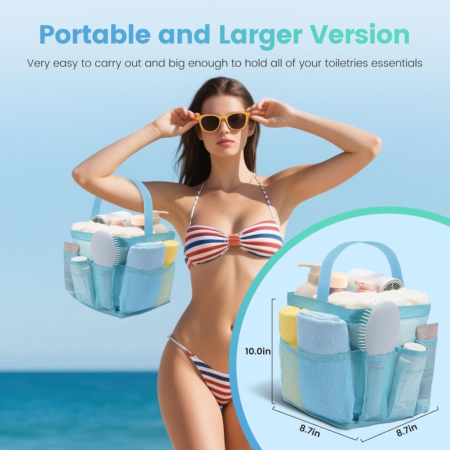 Portable Shower Caddy with 9 Pockets for Dorm Room and Travel Blue