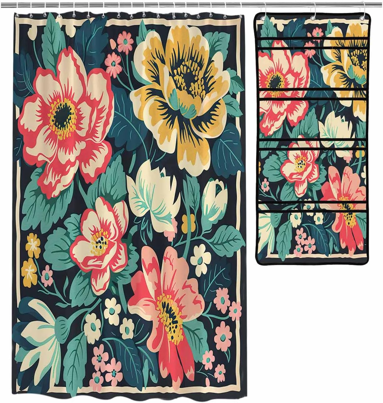 ZFUNCING Garden Watercolor Floral Shower Curtain with Hooks Organizer Set