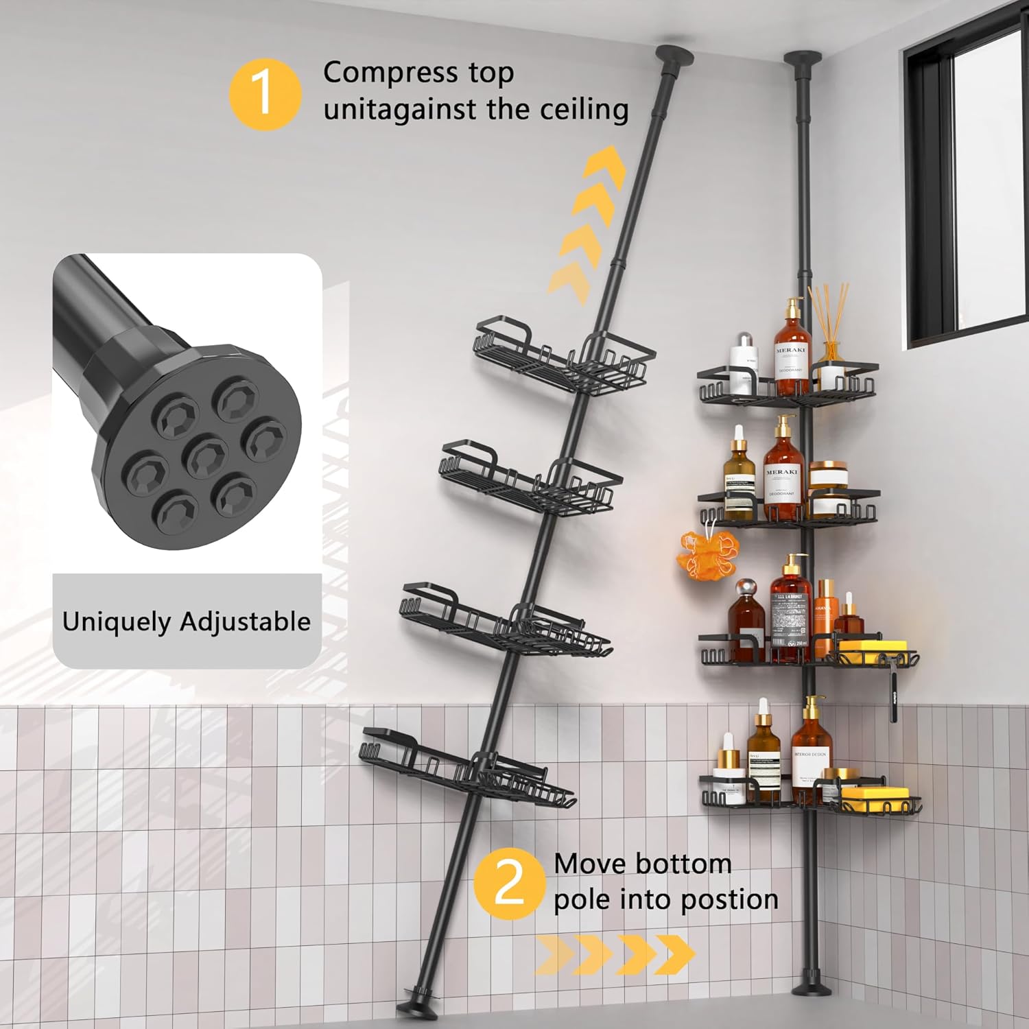 ZUNTO Shower Caddy Corner Tension Pole Organizer Adjustable 25in-114in 4 Tier Storage with 2 Soap Holders Black