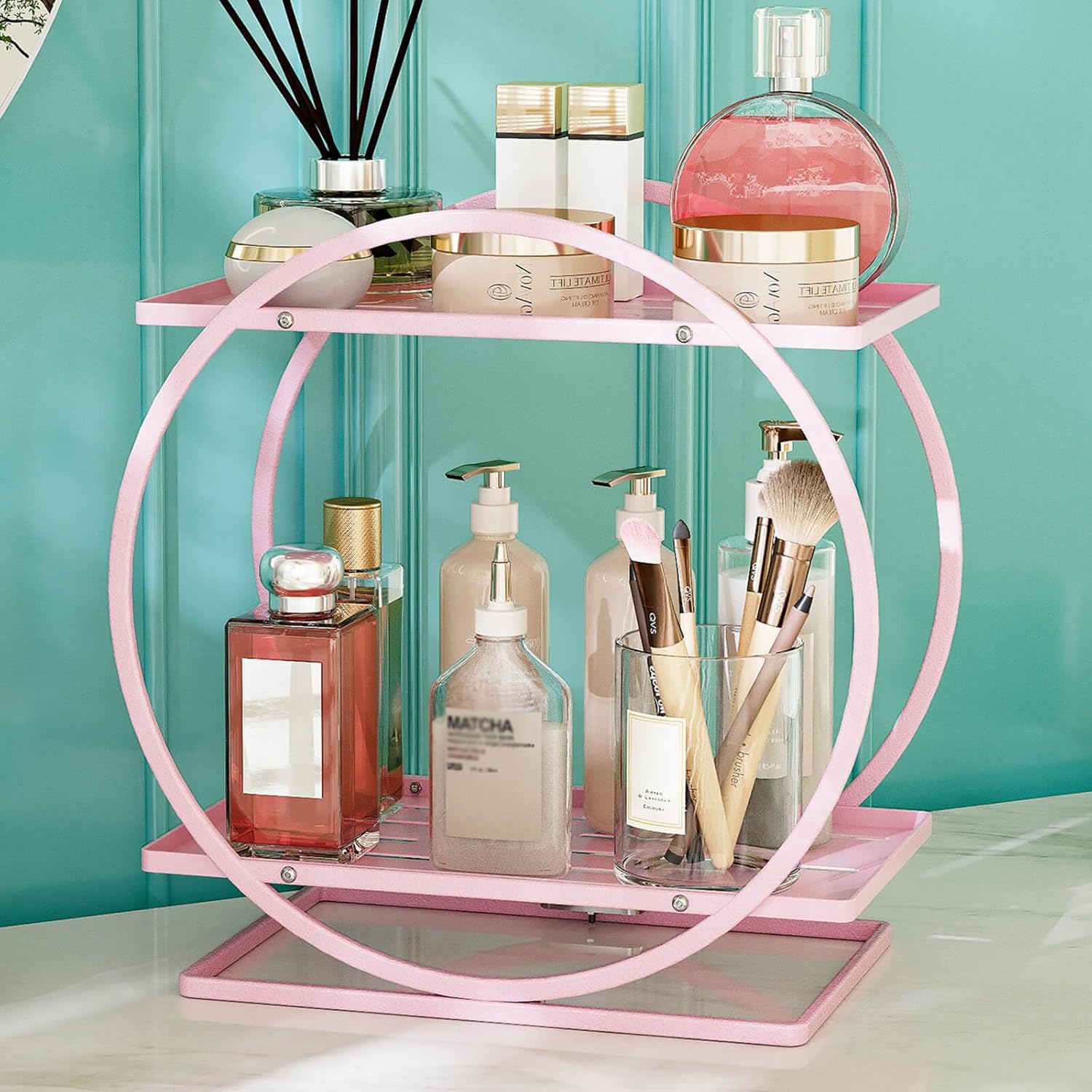 Pink Perfume Organizer for Vanity 2-Tier Bathroom Storage Shelf Large Capacity Metal Skincare Display Stand