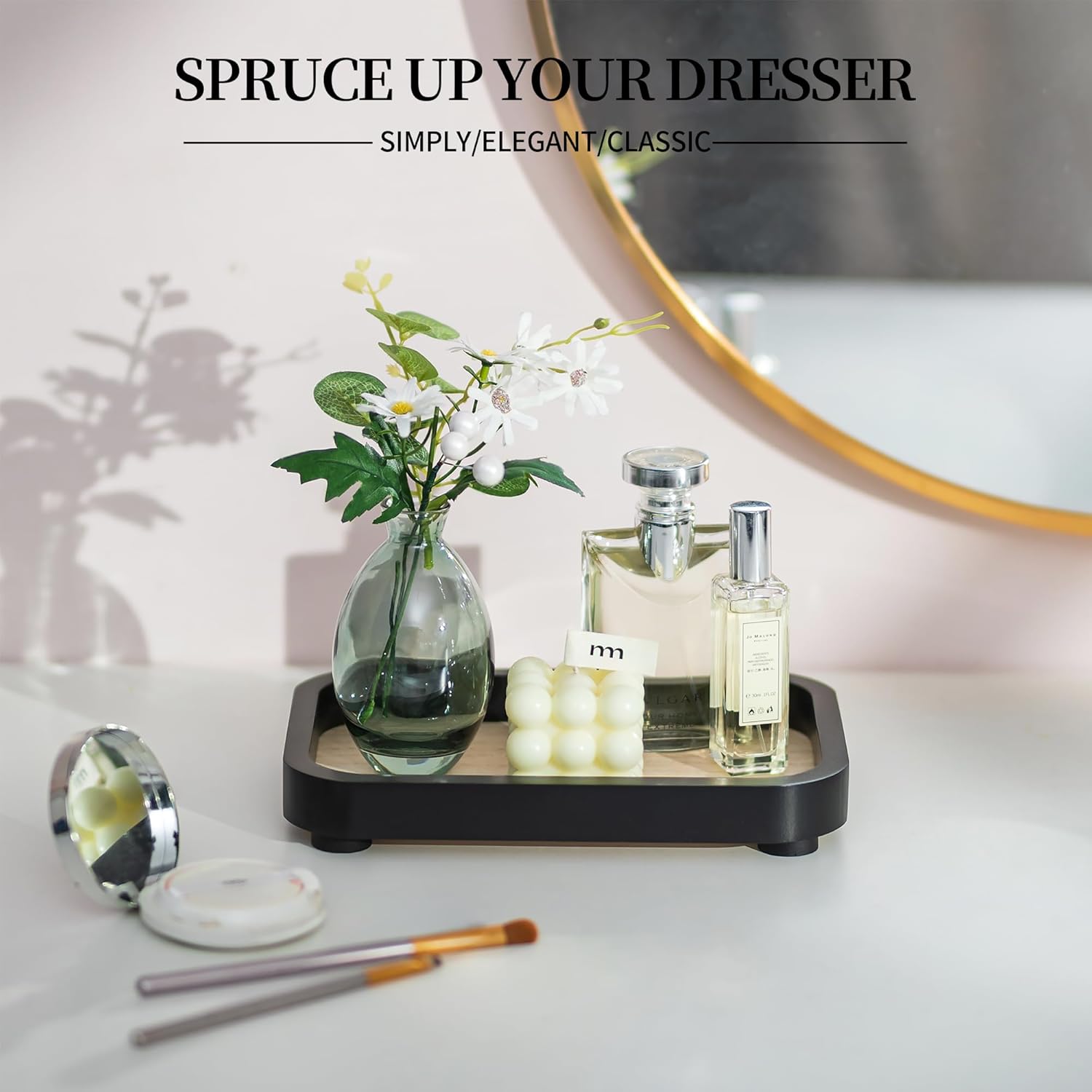 Hanobe Bathroom Vanity Perfume Tray - Black Rectangular Wood Stand Riser for Home Decor