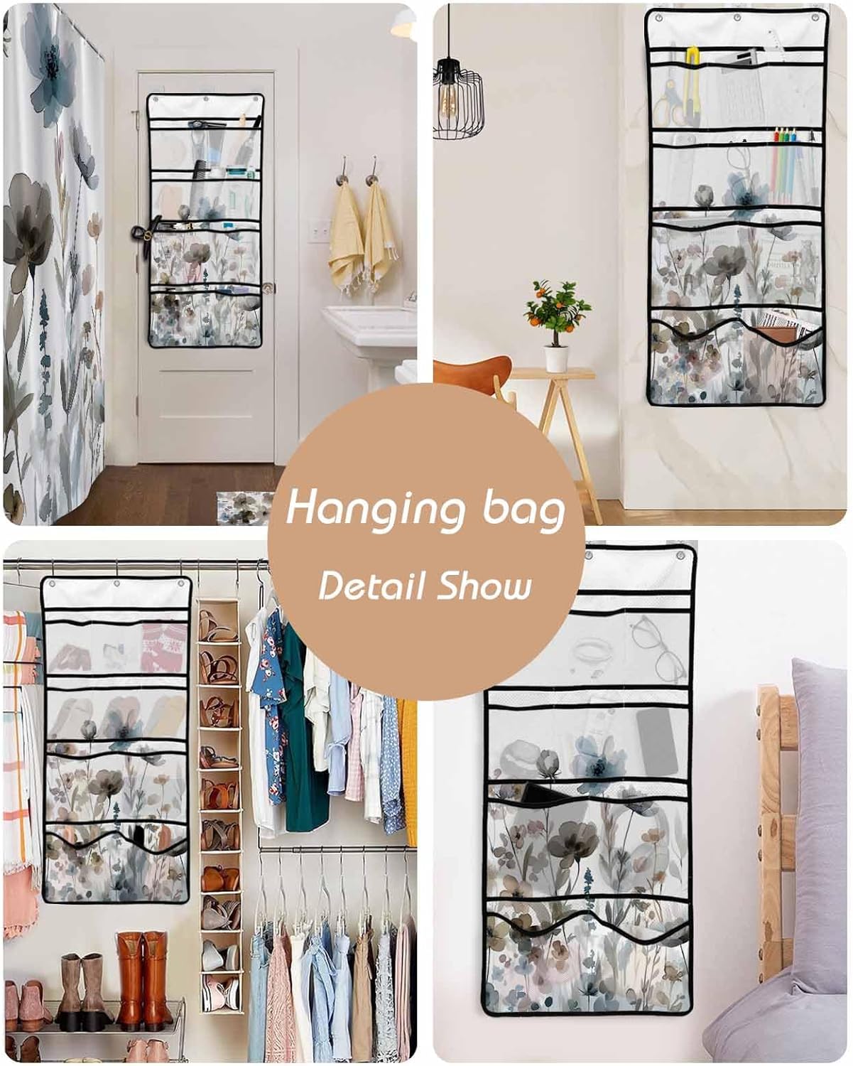 Watercolor Botanical Flower Shower Curtain with 10 Pocket Organizer and Hooks