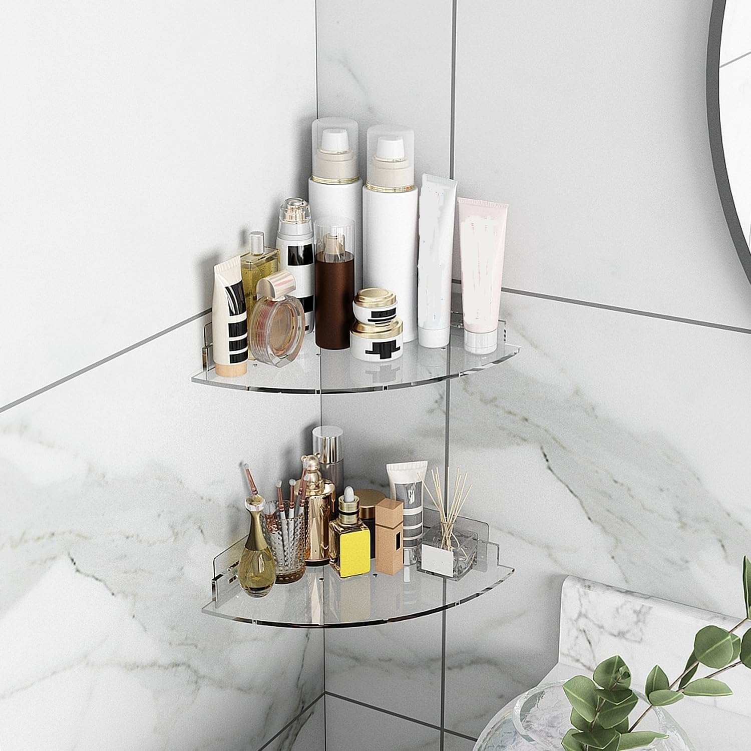 Acrylic Corner Shower Caddy Shelf 2 Pack - Space Saving Wall Mounted Organizer