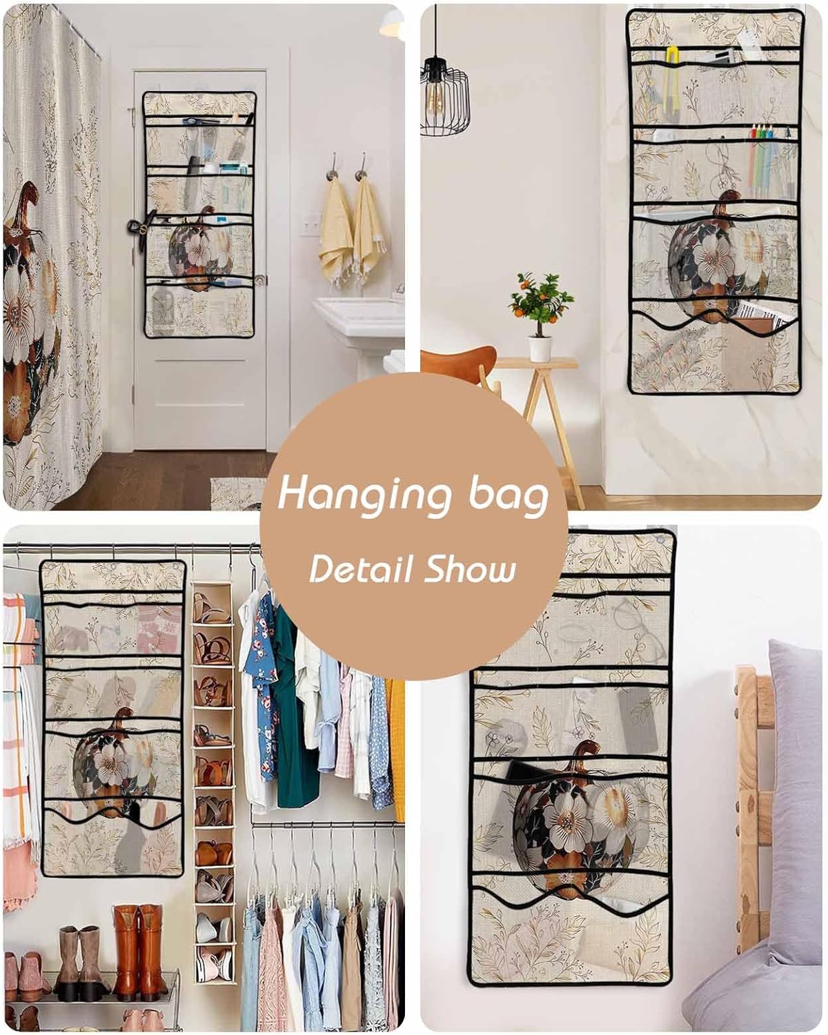 ZFUNCING Vintage Floral Pumpkin Shower Curtain Set with Hooks and Hanging Organizer