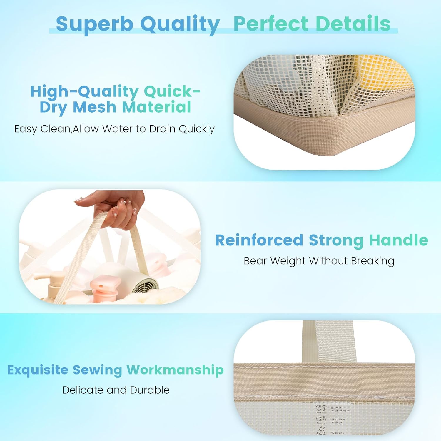 Mesh Shower Caddy with 9 Pockets for Dorm Room and Travel Essentials - Beige