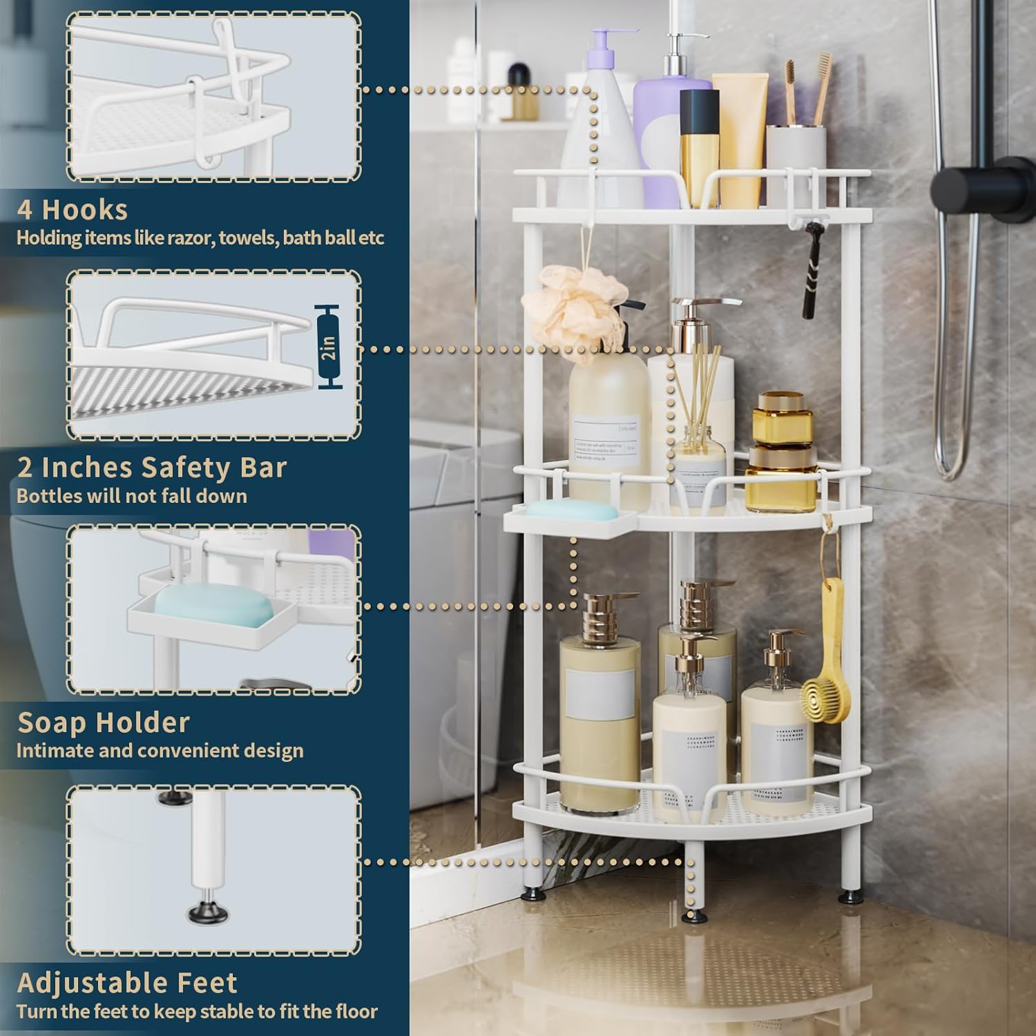 Consumest Corner Shower Caddy Stand - 3 Tier Organizer with Soap Holder and 4 Hooks
