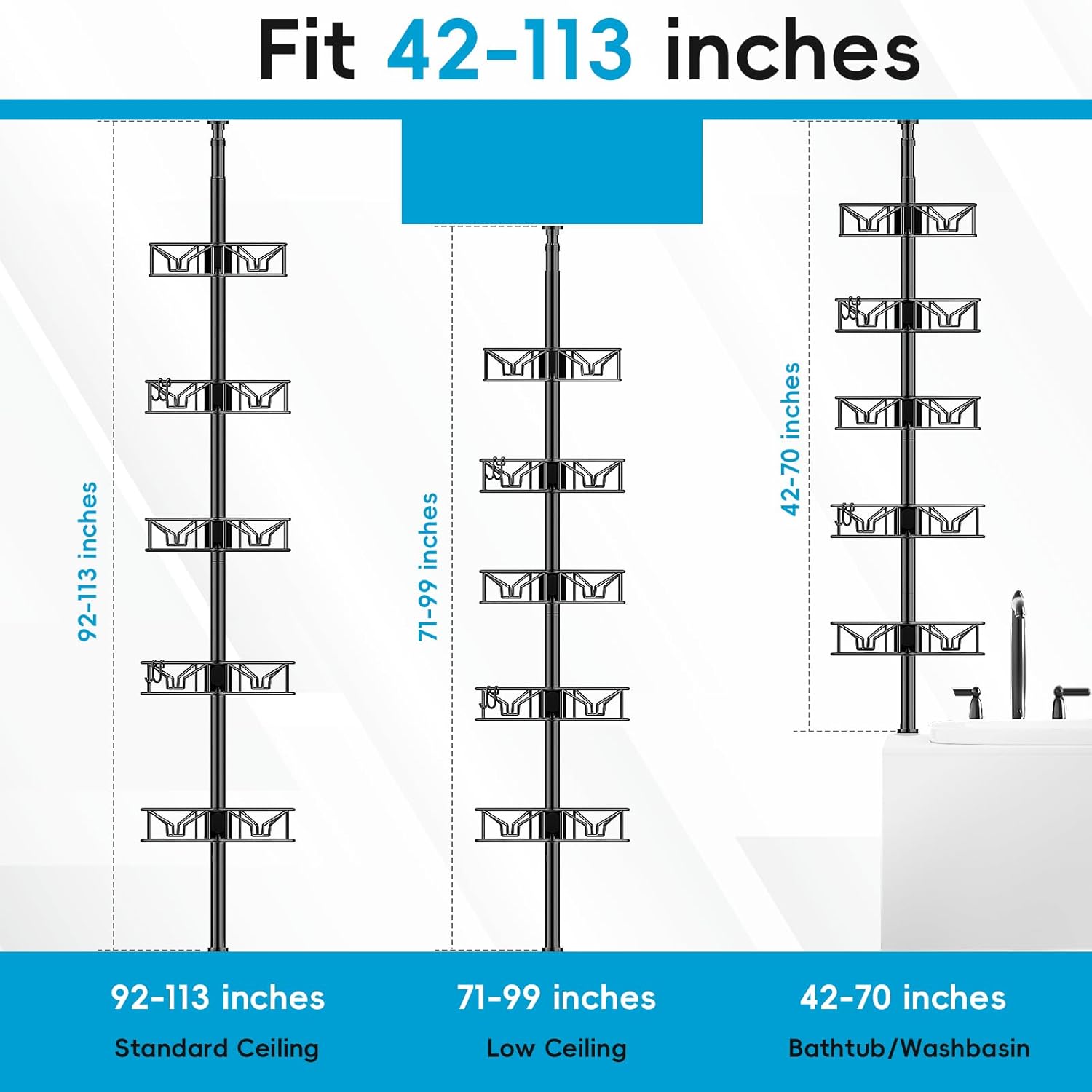 Skycarper 5 Tier Adjustable Corner Shower Caddy Organizer with Hooks Black