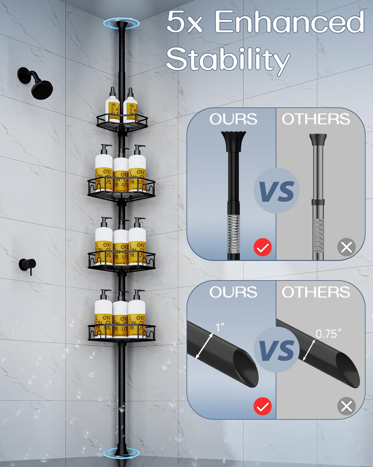 SEIRIONE Corner Shower Caddy Tension Pole 4-Tier Rust-Free Organizer Black