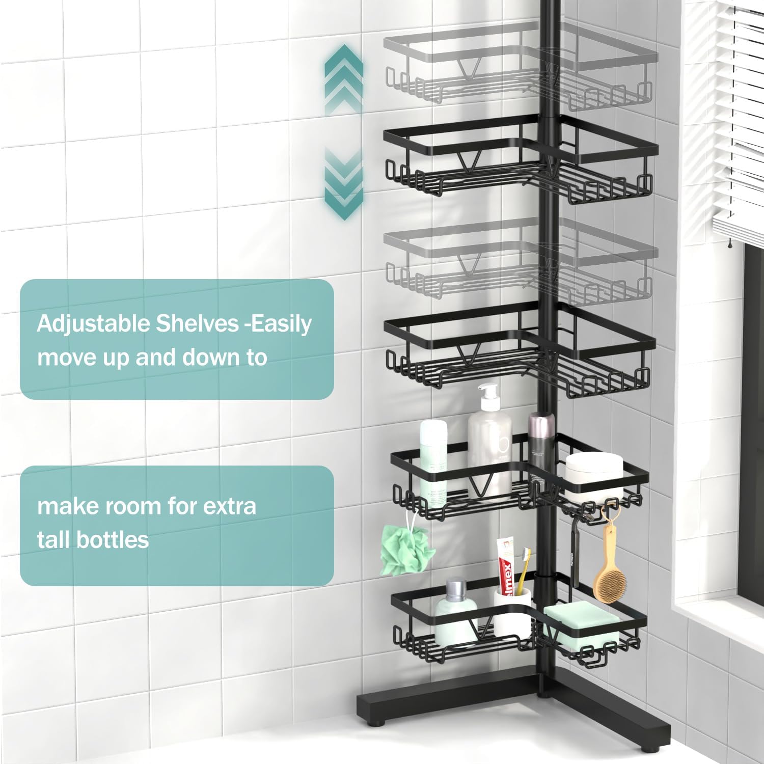 KEGII 4-Tier Floor and Wall Mount Shower Caddy with Hooks and Soap Holder Rustproof Corner Organizer Black