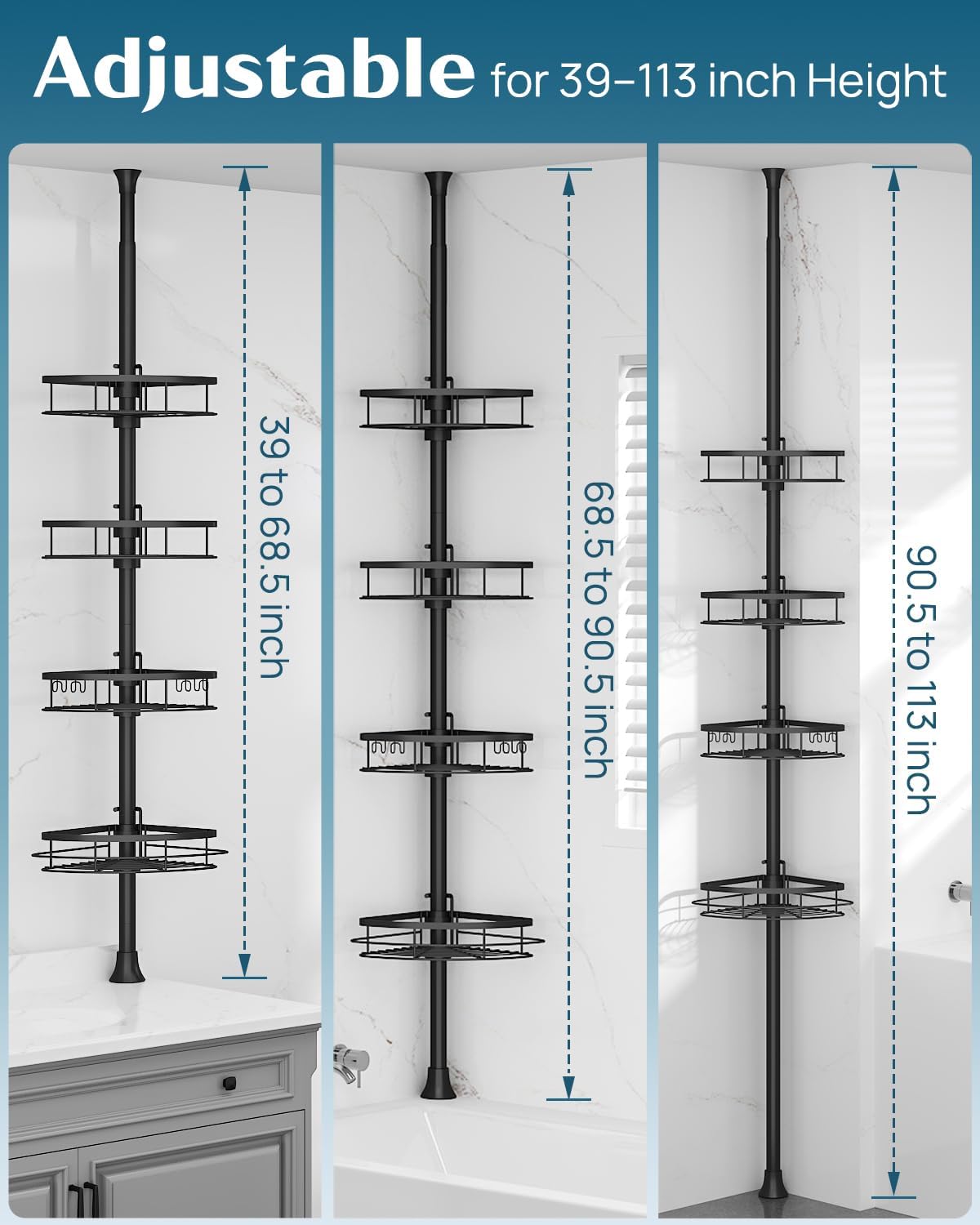 SEIRIONE Corner Shower Caddy Tension Pole 4-Tier Adjustable Rustproof Black