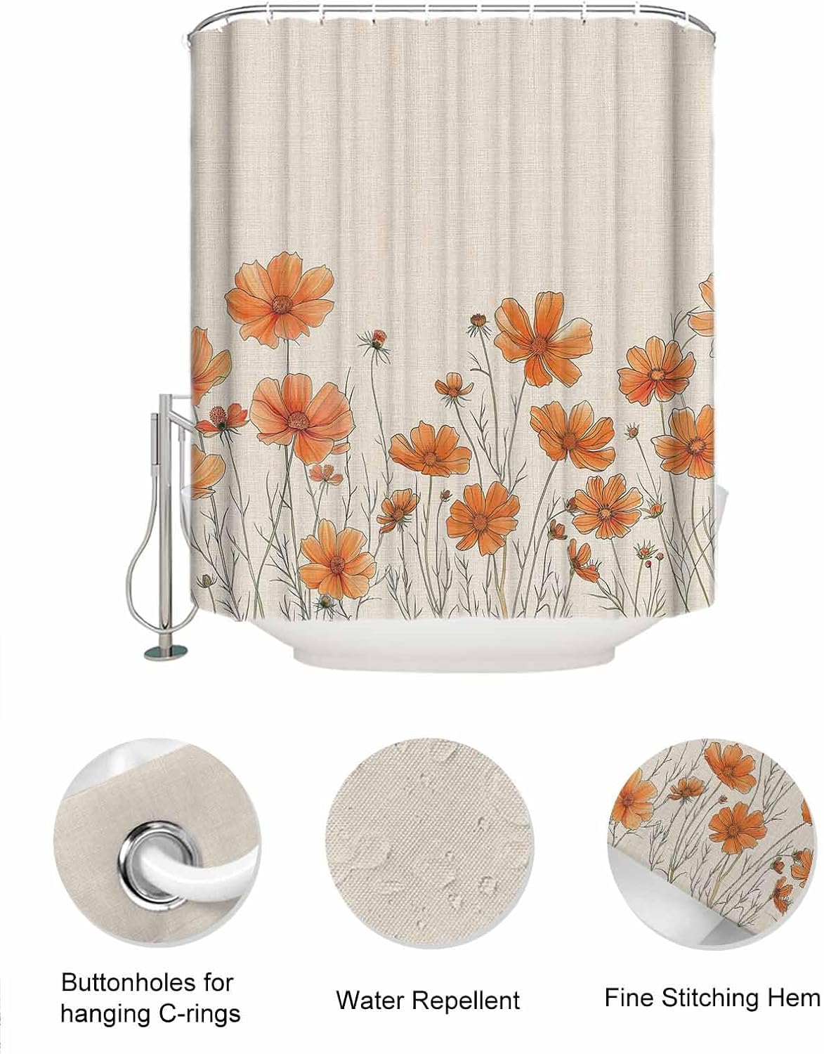 Watercolor Garden Orange Floral Shower Curtain Set with Hooks