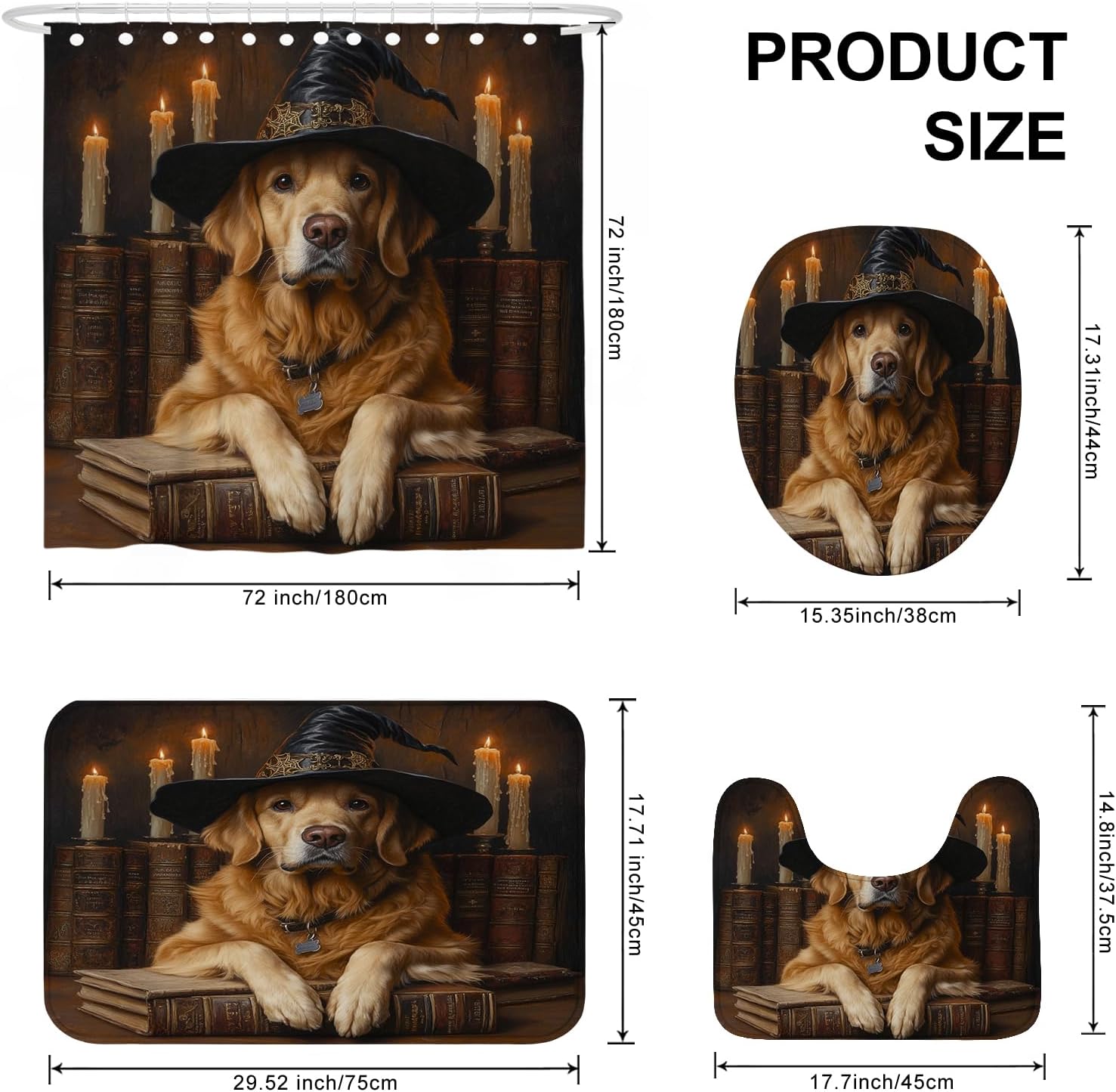4PCS Halloween Witch Dog Bathroom Set with Non-Slip Rug and U Shape Cover