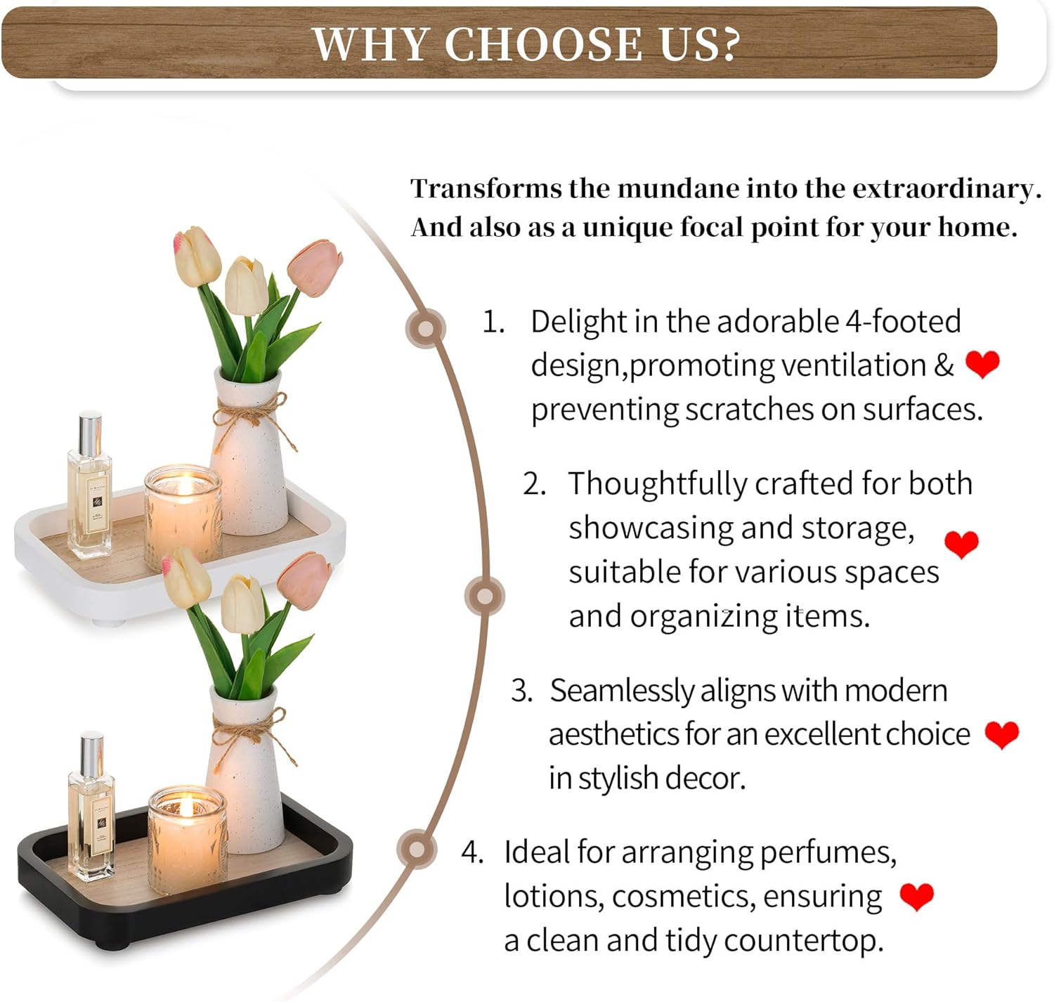 Hanobe Bathroom Vanity Perfume Tray - Black Rectangular Wood Stand Riser for Home Decor