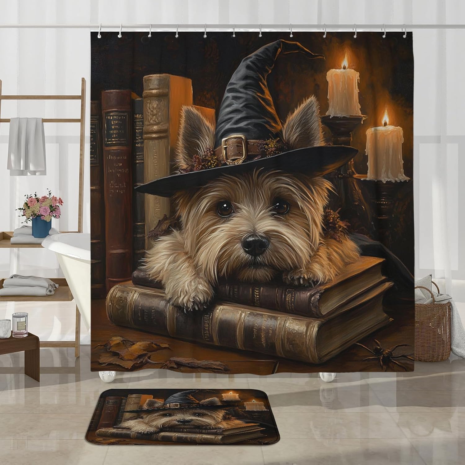 4PCS Halloween Witch Dog Bathroom Set with Non-Slip Rug and U Shape Toilet Cover 1