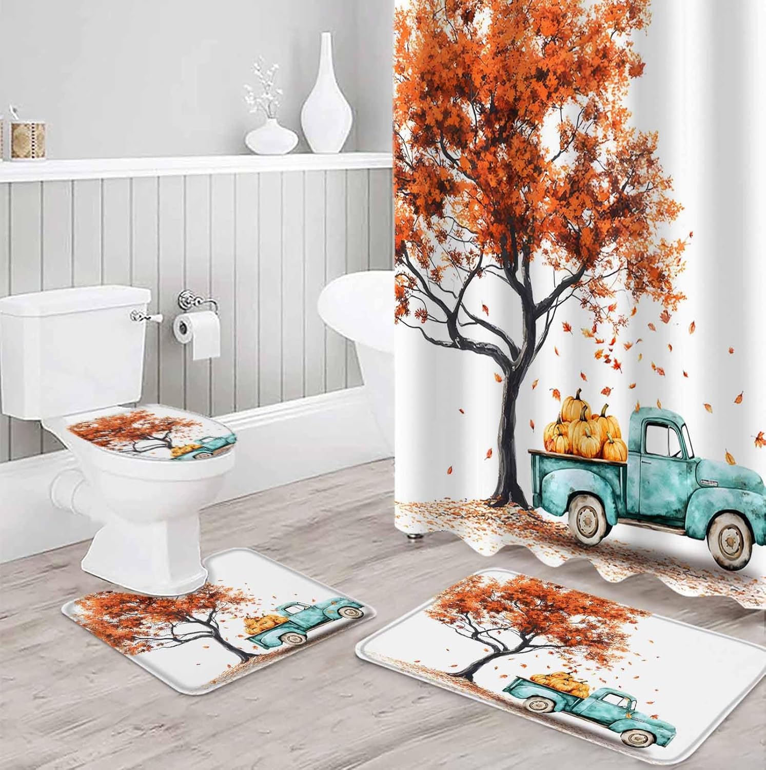 Fall Truck 4 Pcs Waterproof Shower Curtain Set with Non-Slip Rugs and Mats