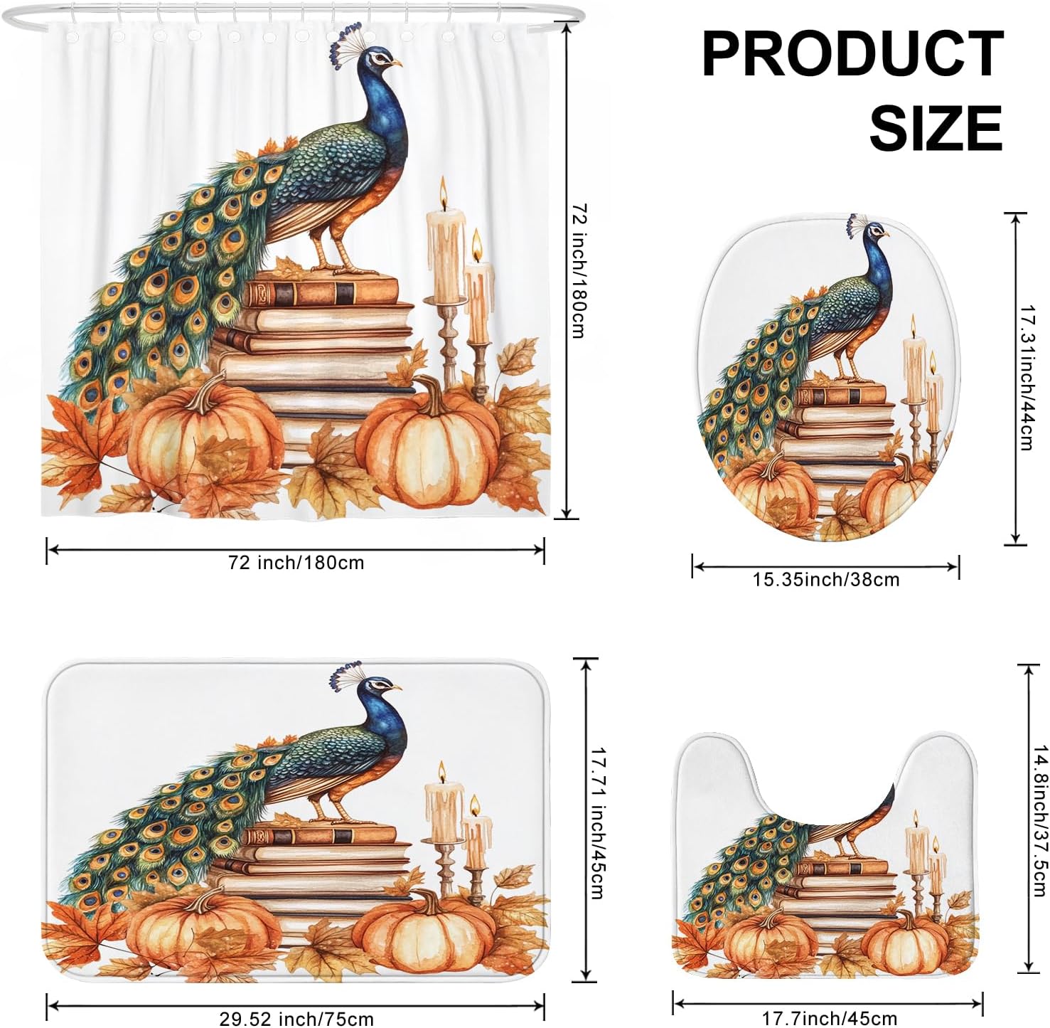 DESIHOM 4PCS Fall Peacock Shower Curtain Set with Hooks Non-Slip Rug U Shape and Toilet Lid Cover Mat
