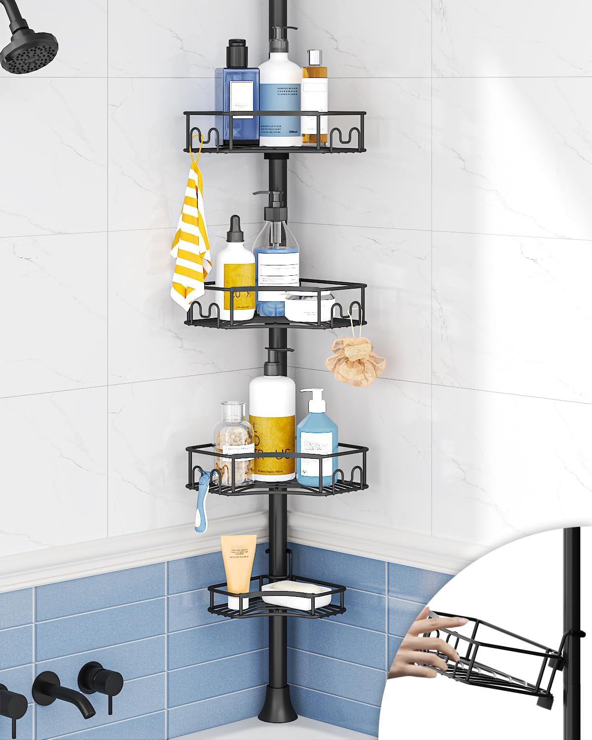 SEIRIONE Corner Shower Caddy Tension Pole 4-Tier Rust-Free Organizer Black