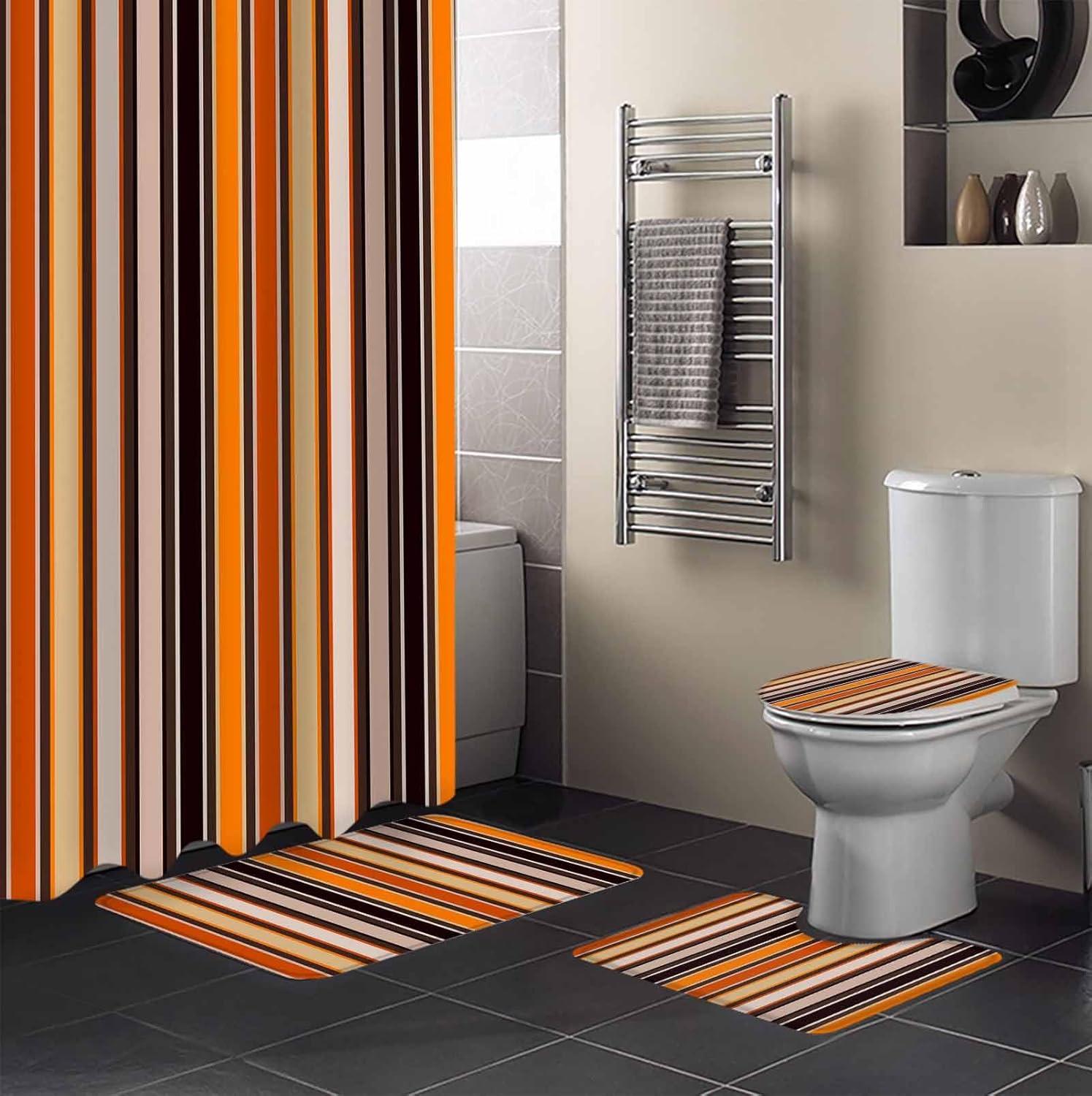 Vintage Striped 4 Piece Shower Curtain Set with Non-Slip Rugs