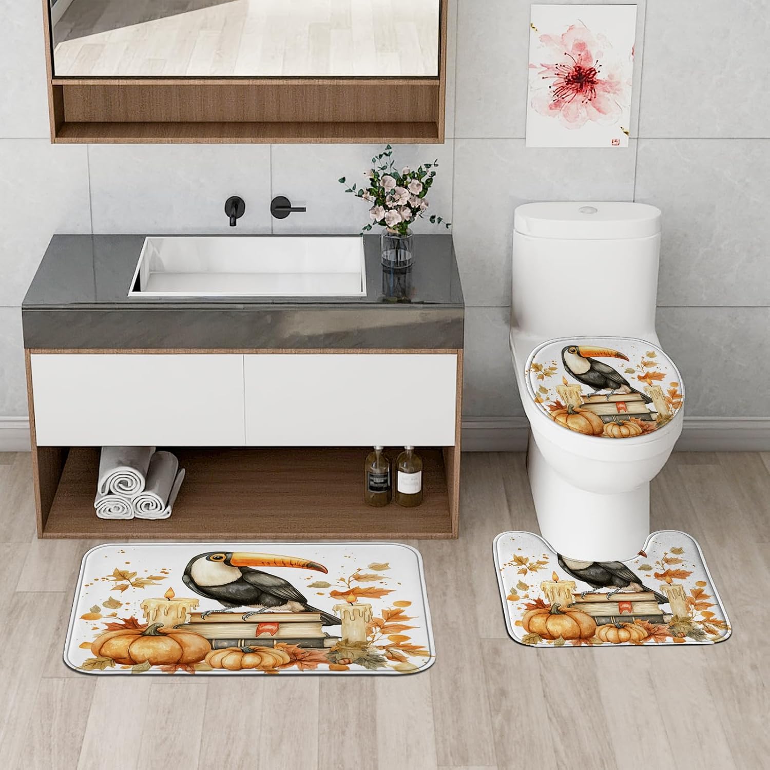 DESIHOM 4PCS Fall Toucan Bird Shower Curtain Set with Non-Slip Rug and Hooks
