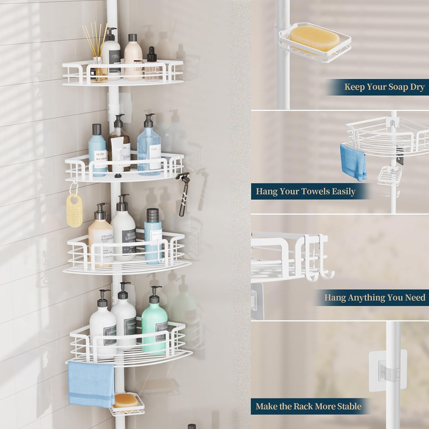 Consumest Corner Shower Caddy Tension Pole - Rustproof With Towel Bar And Soap Holder Adjustable White