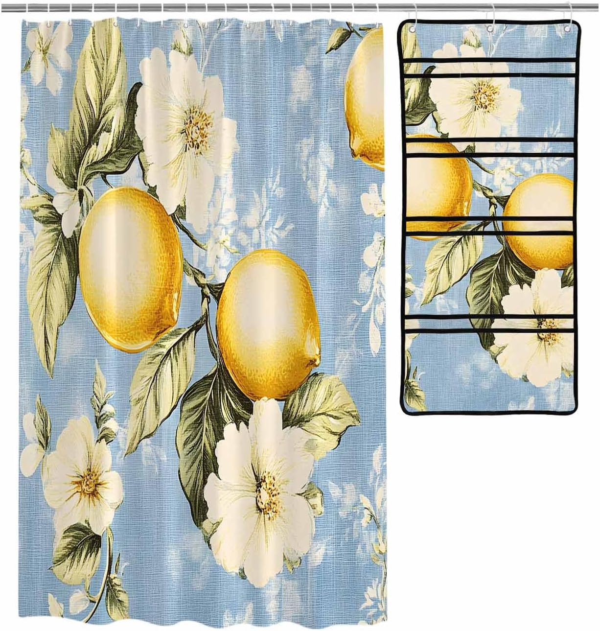 Watercolor Lemon Flower Leaf Shower Curtain Set with 10 Pockets
