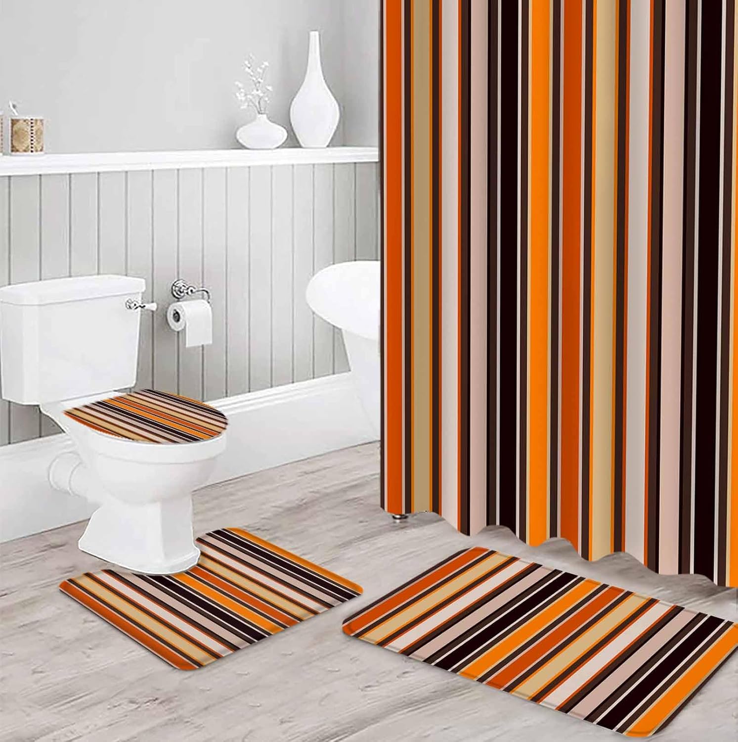 Vintage Striped 4 Piece Shower Curtain Set with Non-Slip Rugs